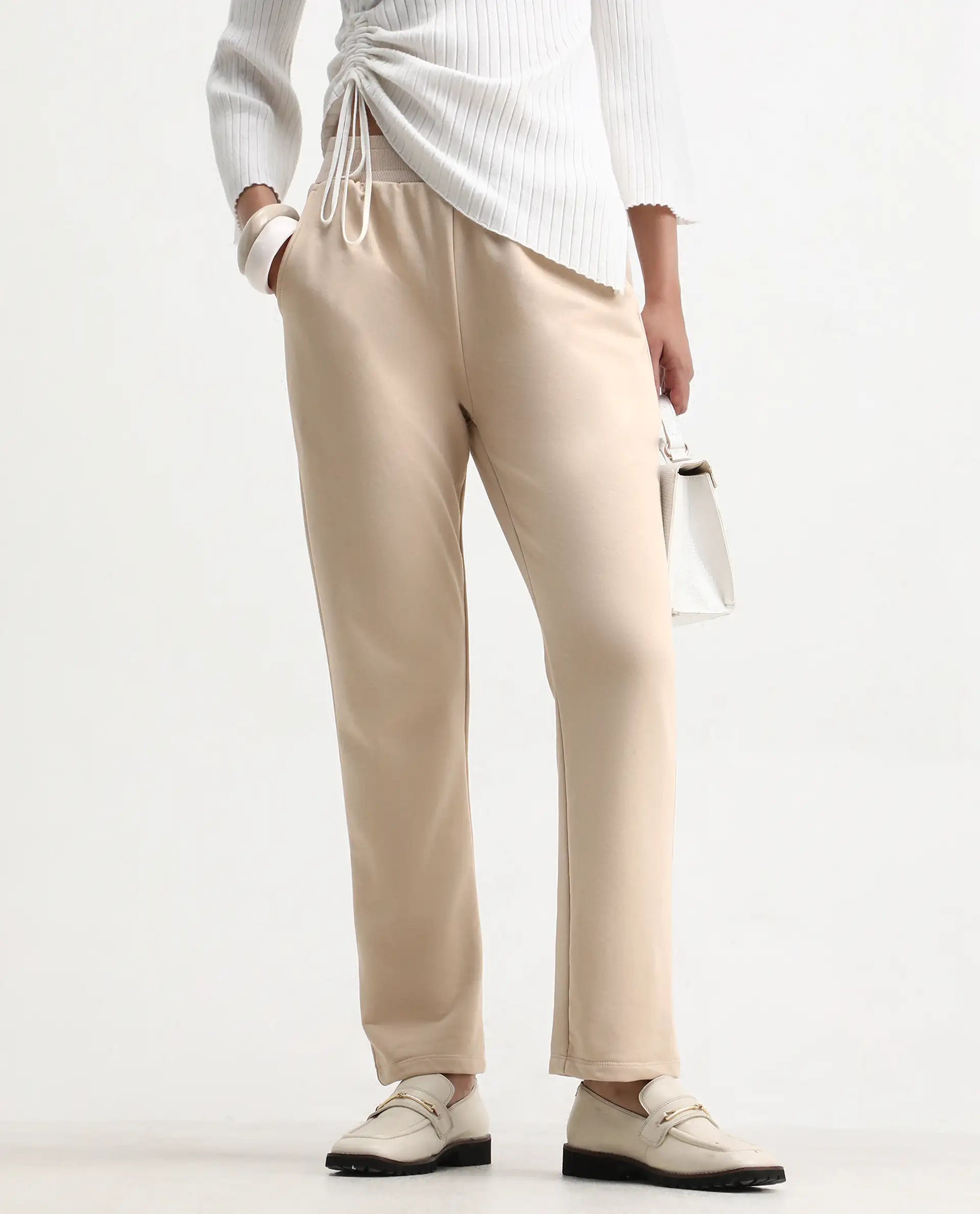 Rareism Women's Tribon Beige Cotton Blend Straight Fit Track Pant