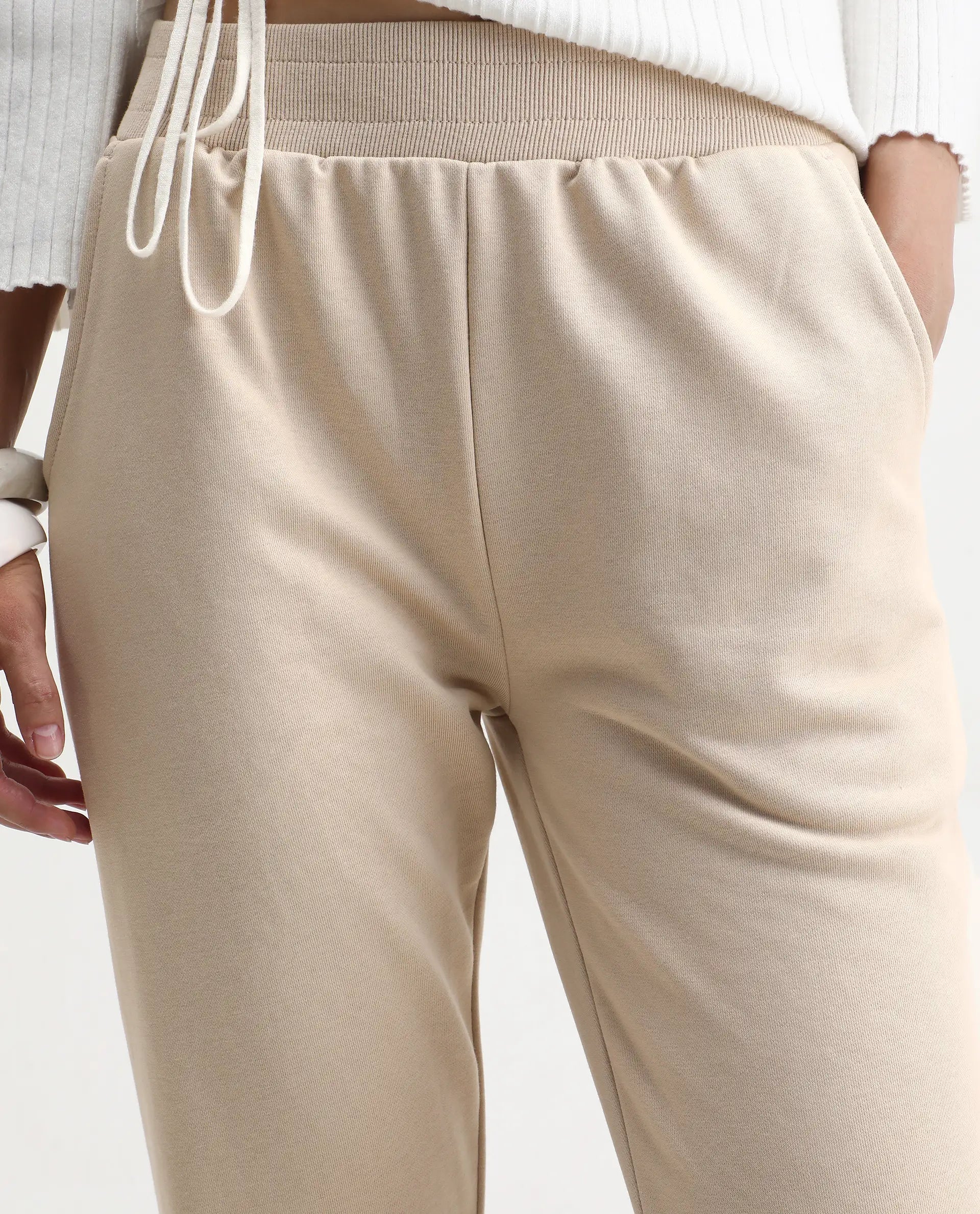 Rareism Women's Tribon Beige Cotton Blend Straight Fit Track Pant
