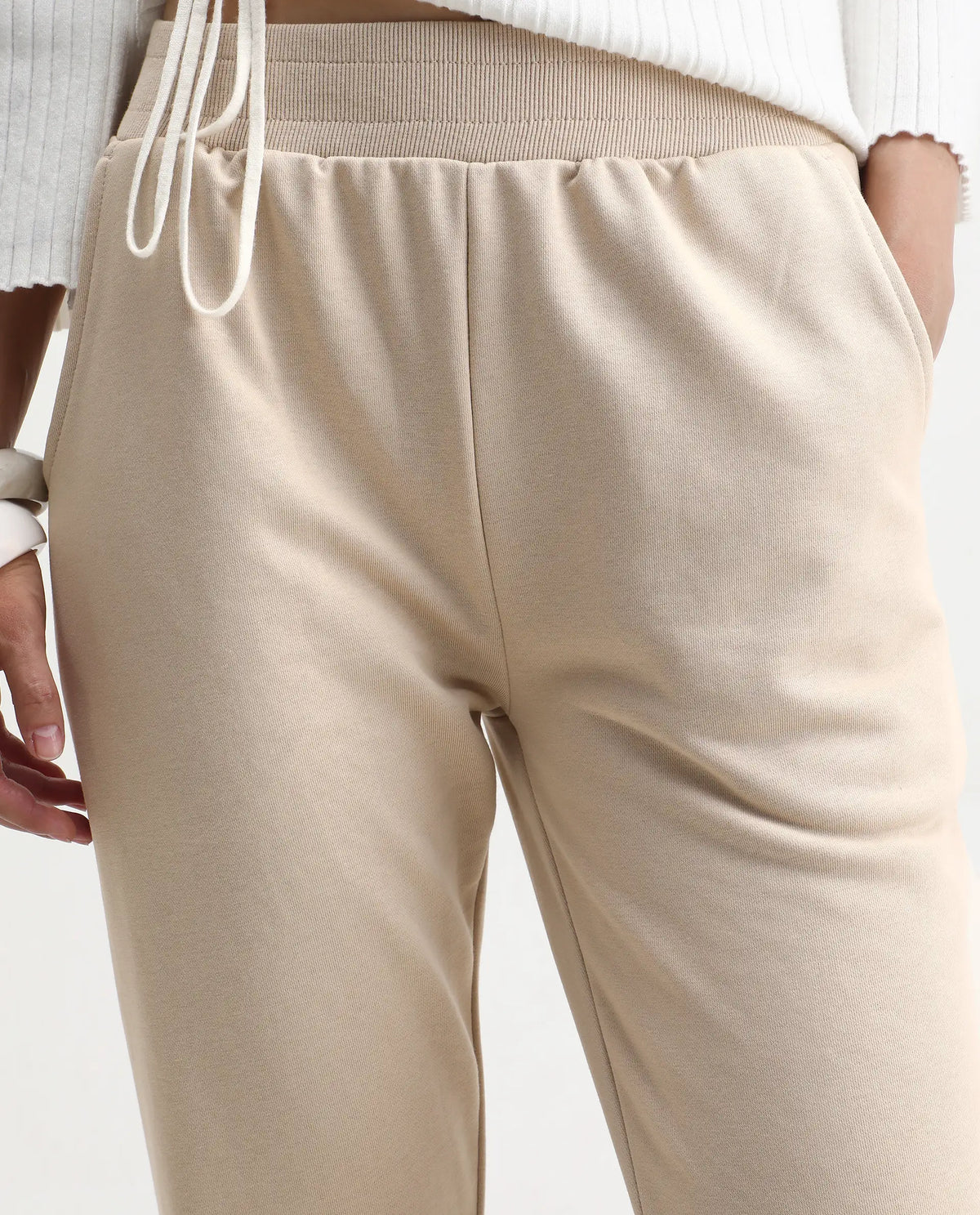 Rareism Women's Tribon Beige Cotton Blend Straight Fit Track Pant