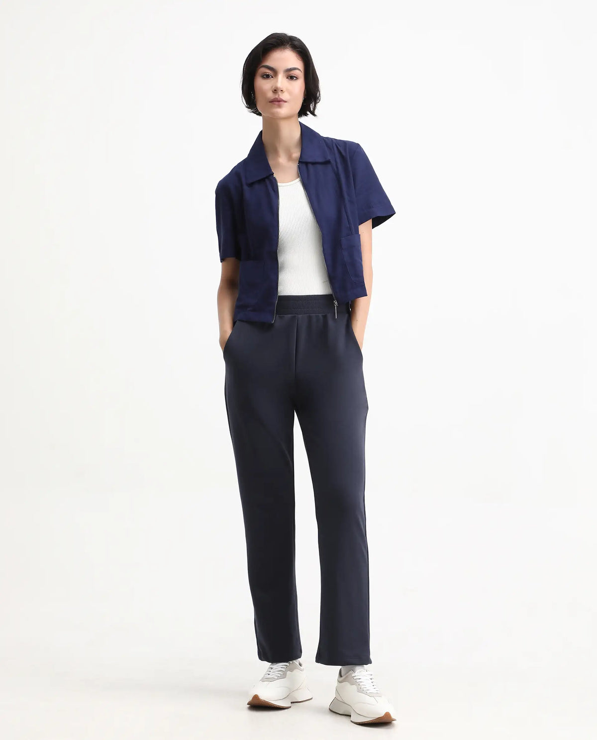 Rareism Women's Tribon Navy Cotton Blend Straight Fit Track Pant