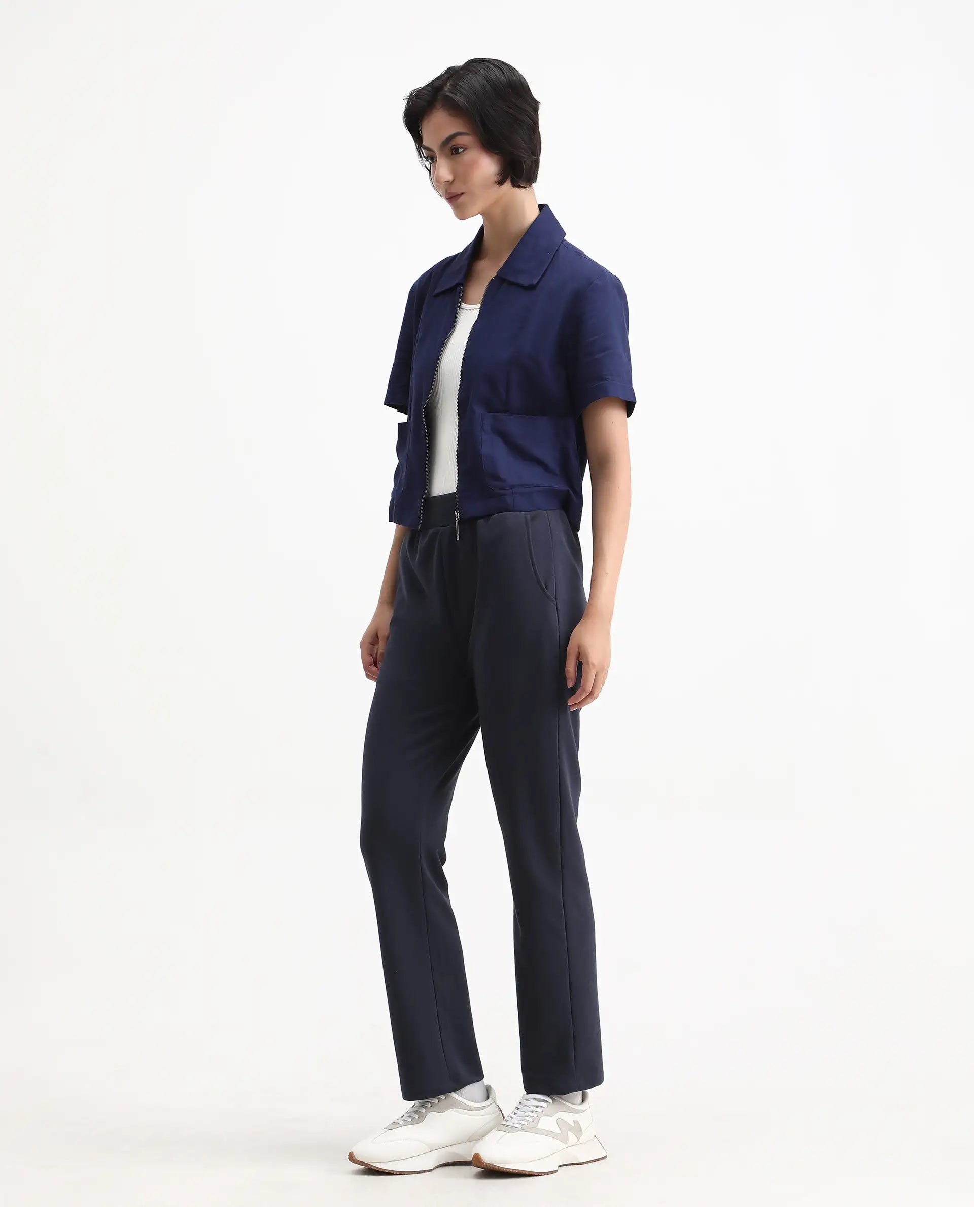 Rareism Women's Tribon Navy Cotton Blend Straight Fit Track Pant