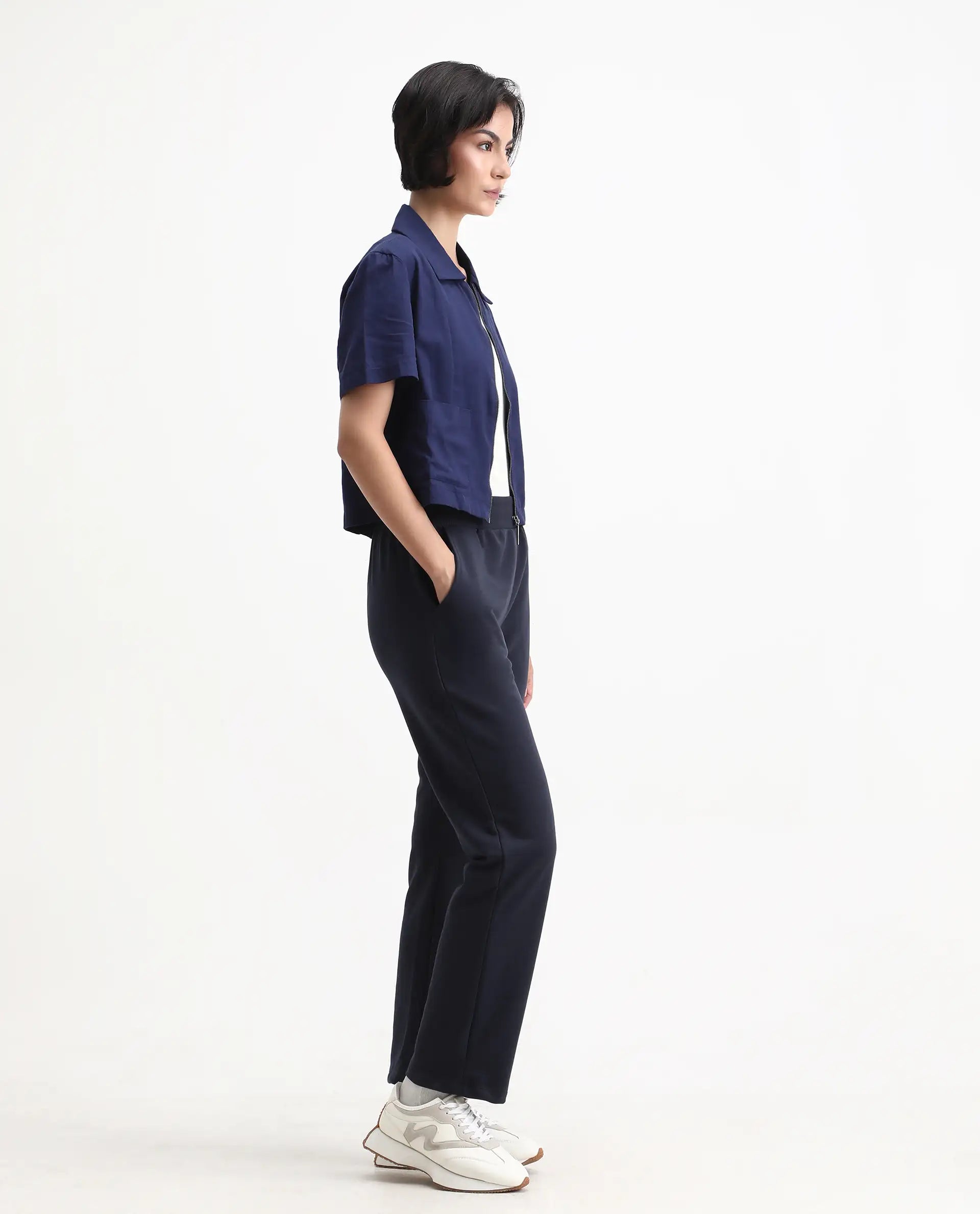 Rareism Women's Tribon Navy Cotton Blend Straight Fit Track Pant