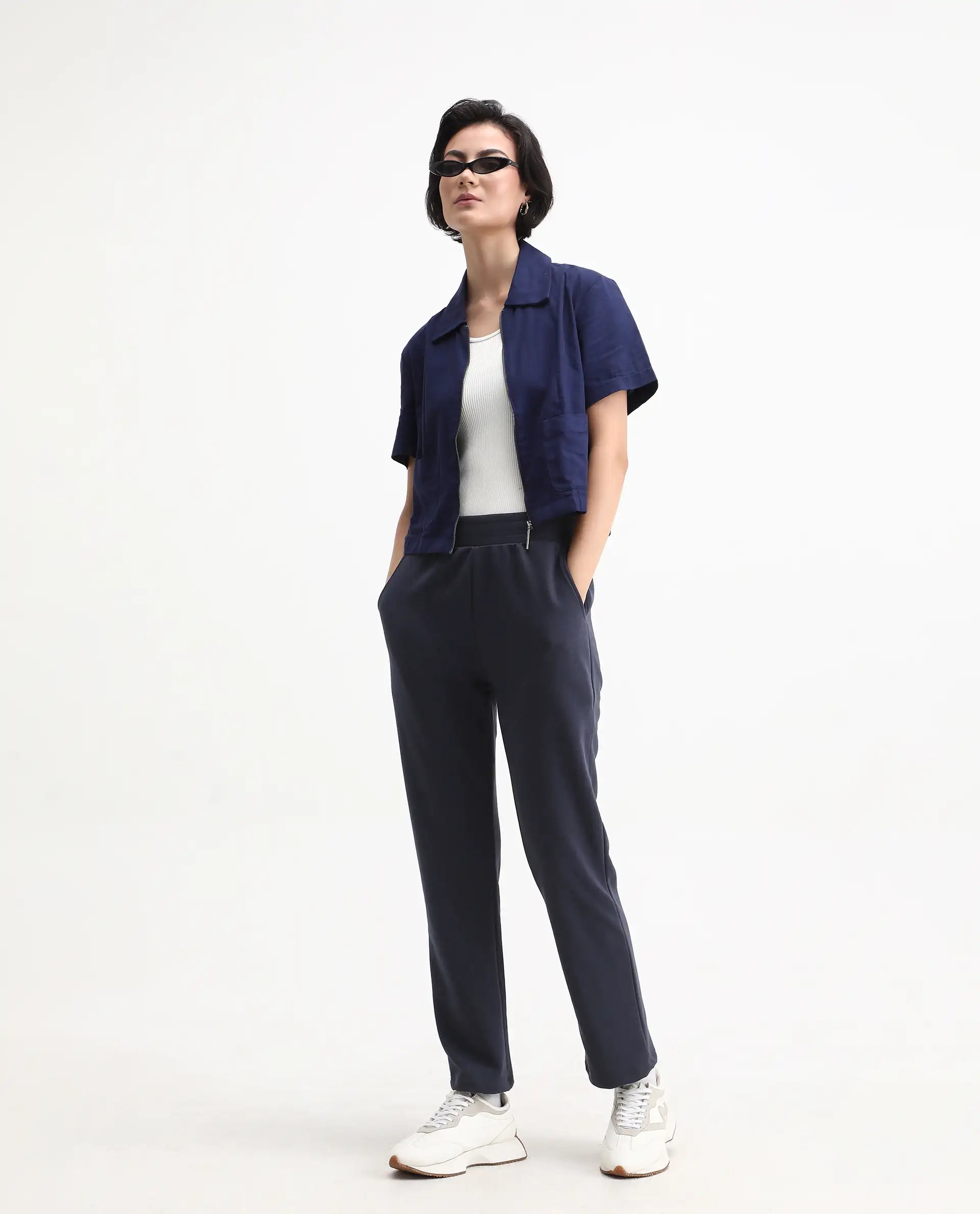 Rareism Women's Tribon Navy Cotton Blend Straight Fit Track Pant