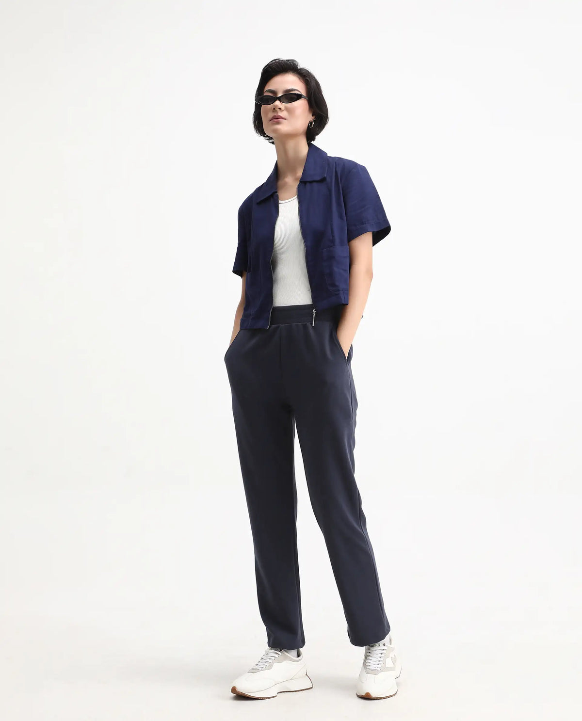 Rareism Women's Tribon Navy Cotton Blend Straight Fit Track Pant