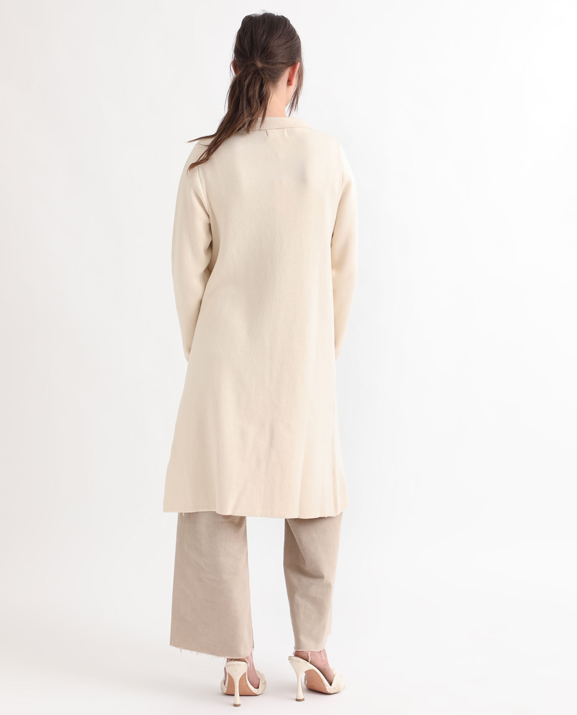 Rareism Women's Trident Beige Cotton Lapel Neck Plain Knee Length Regular Fit Sweater