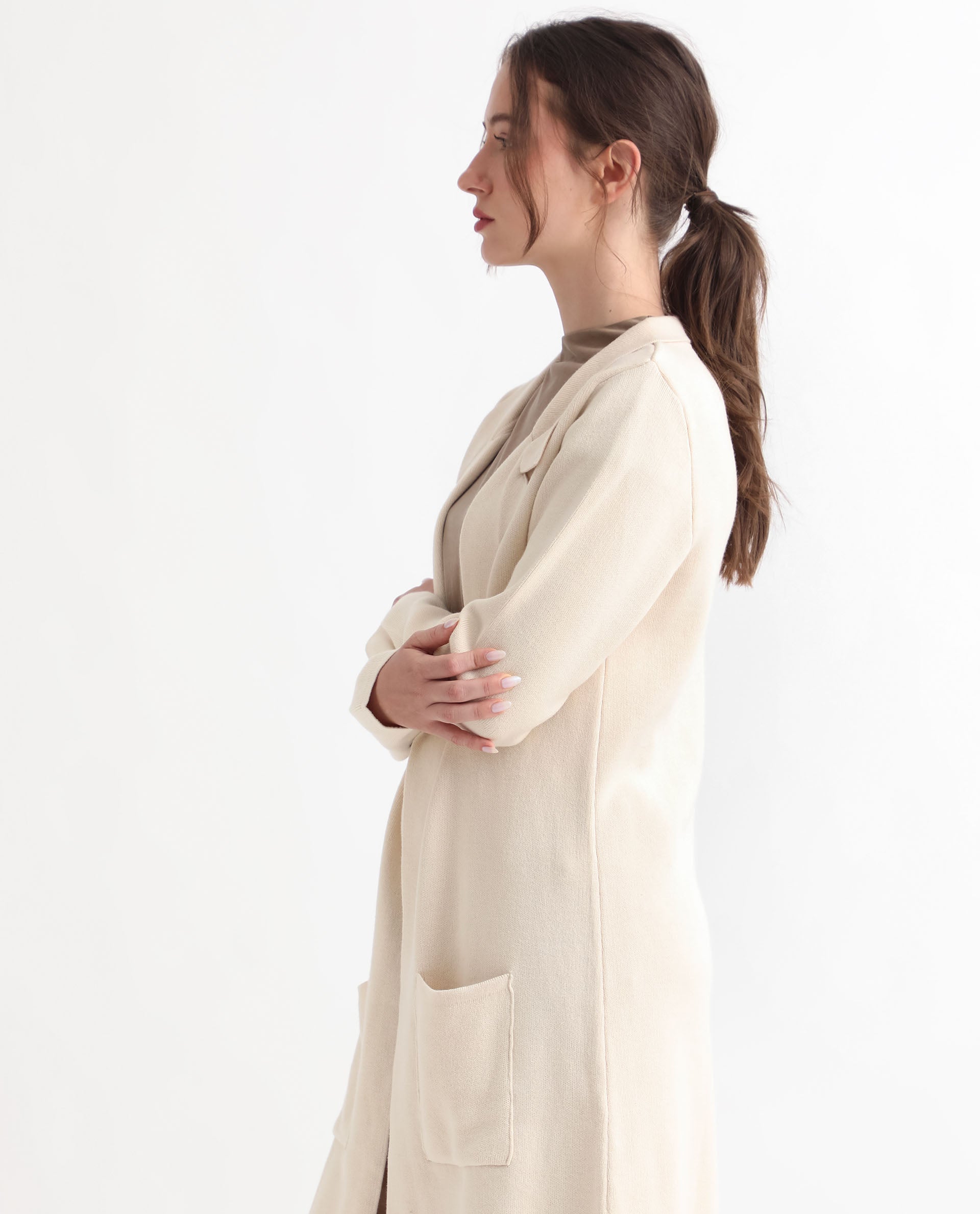 Rareism Women Trident Beige Cotton Fabric Full Sleeves Knee Length Regular Fit Solid Lapel Neck Sweater