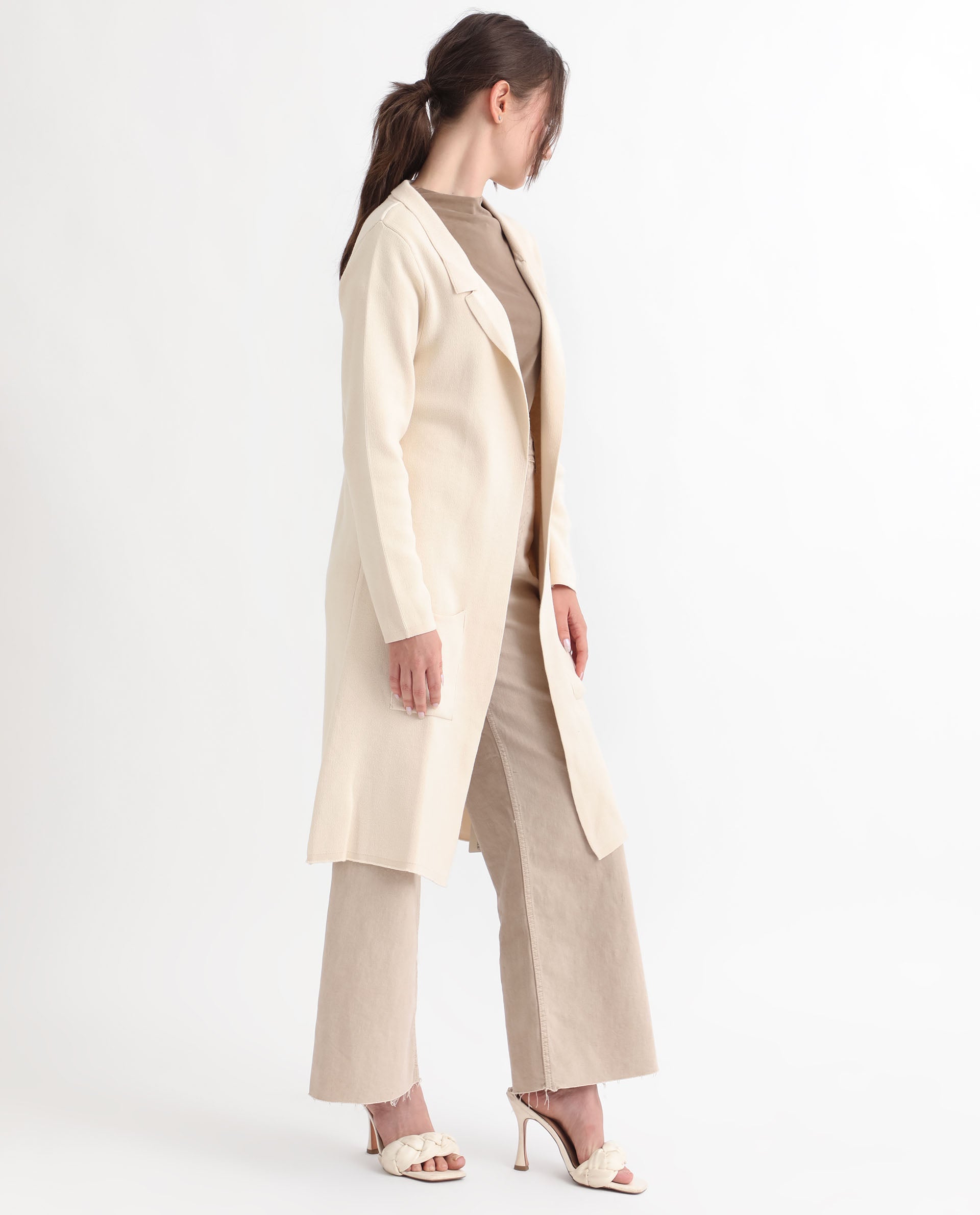 Rareism Women's Trident Beige Cotton Lapel Neck Plain Knee Length Regular Fit Sweater