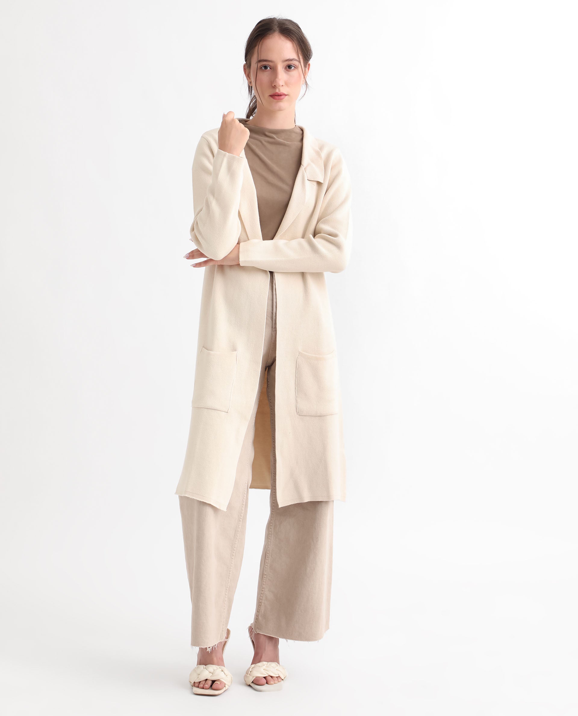 Rareism Women's Trident Beige Cotton Lapel Neck Plain Knee Length Regular Fit Sweater