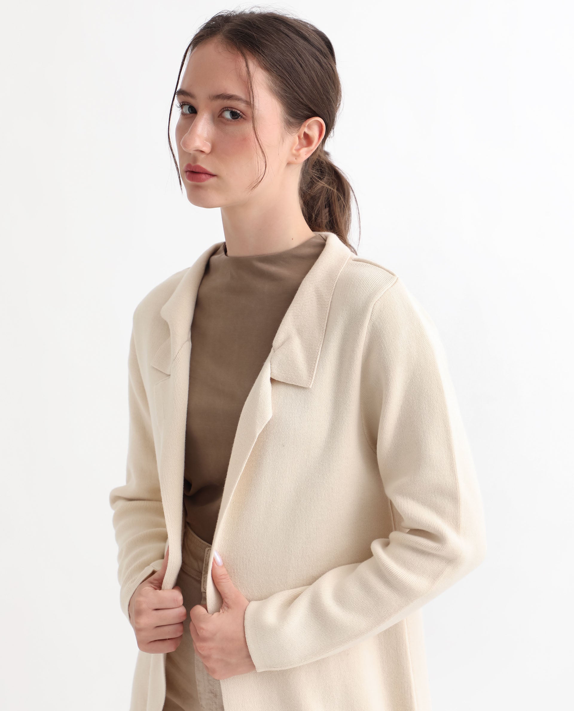 Rareism Women Trident Beige Cotton Fabric Full Sleeves Knee Length Regular Fit Solid Lapel Neck Sweater