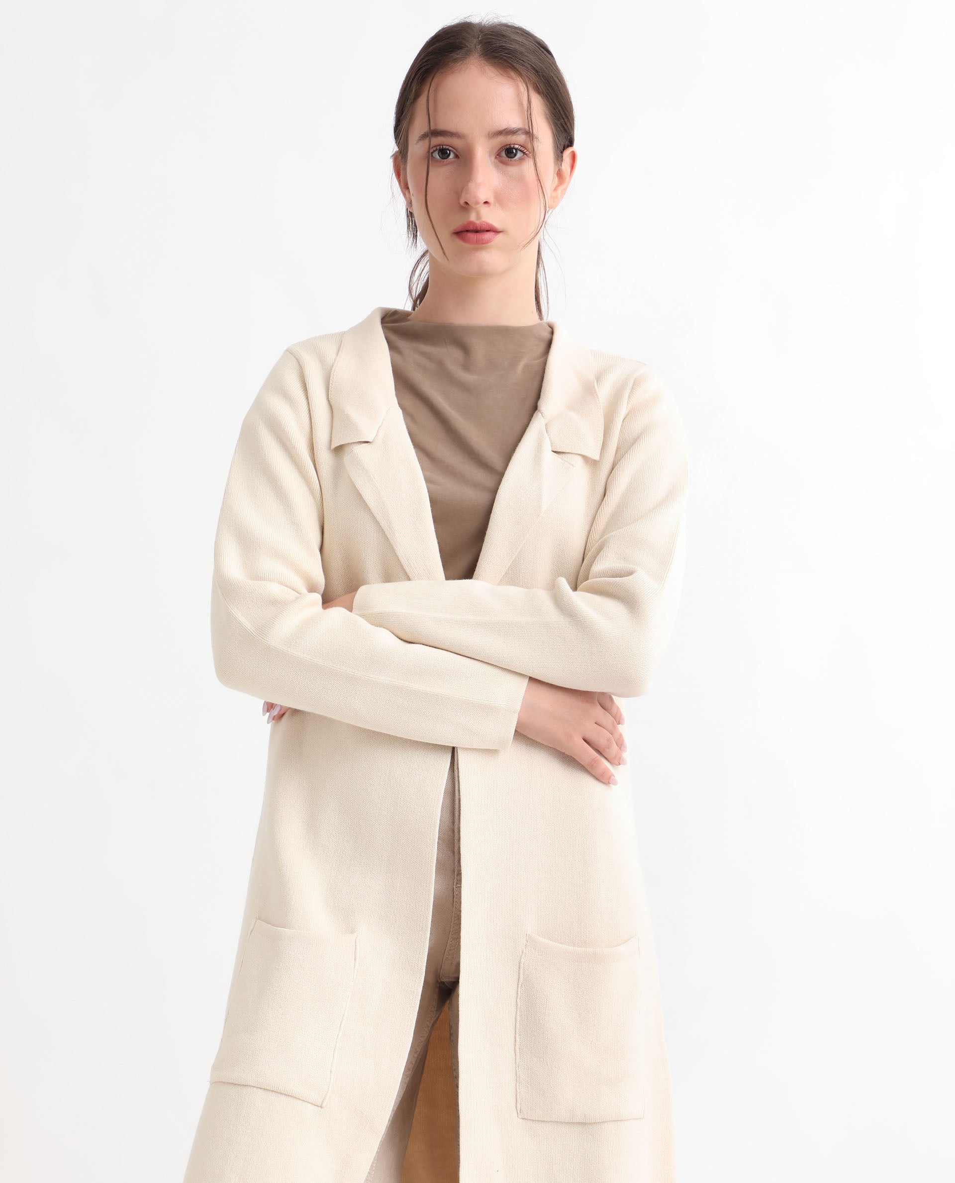 Rareism Women's Trident Beige Cotton Lapel Neck Plain Knee Length Regular Fit Sweater
