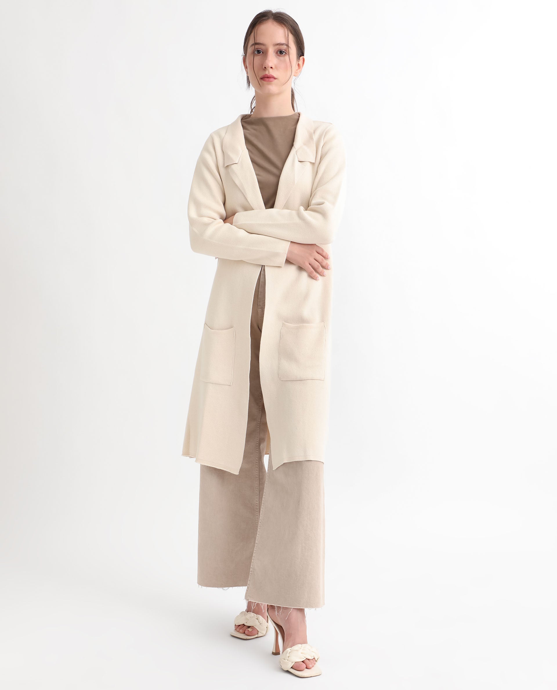 Rareism Women's Trident Beige Cotton Lapel Neck Plain Knee Length Regular Fit Sweater