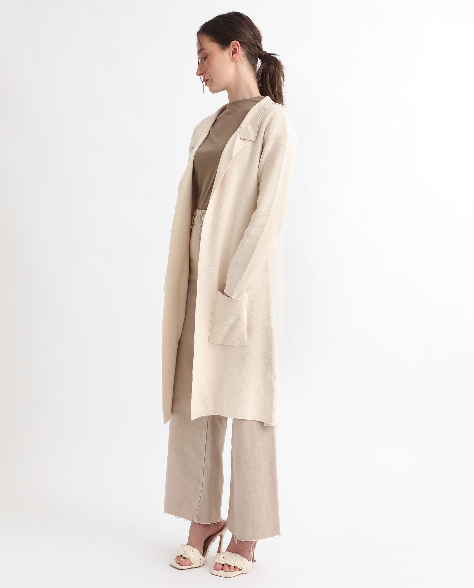 Rareism Women's Trident Beige Cotton Lapel Neck Plain Knee Length Regular Fit Sweater
