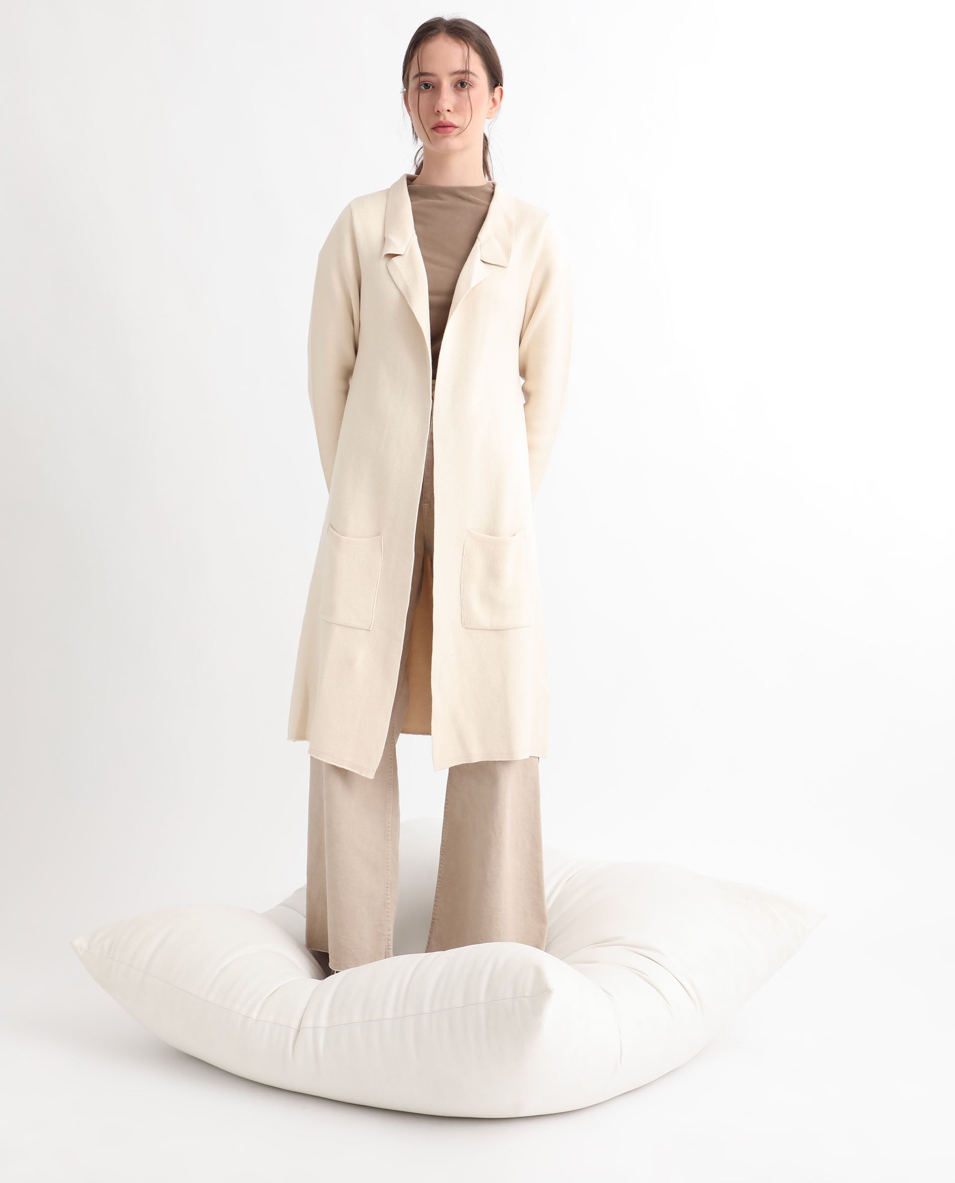 Rareism Women Trident Beige Cotton Fabric Full Sleeves Knee Length Regular Fit Solid Lapel Neck Sweater