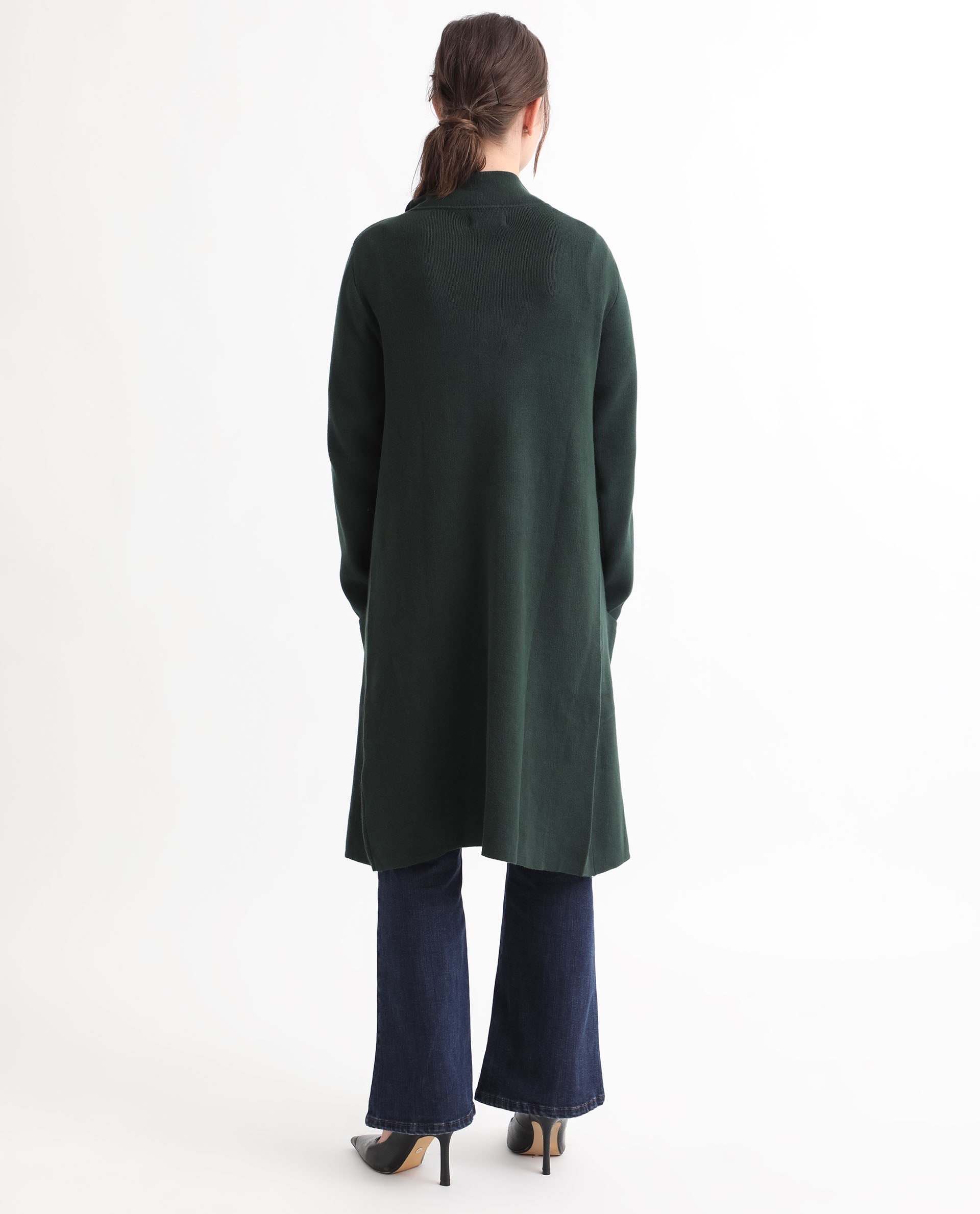 Rareism Women Trident Green Cotton Fabric Full Sleeves Knee Length Regular Fit Solid Lapel Neck Sweater