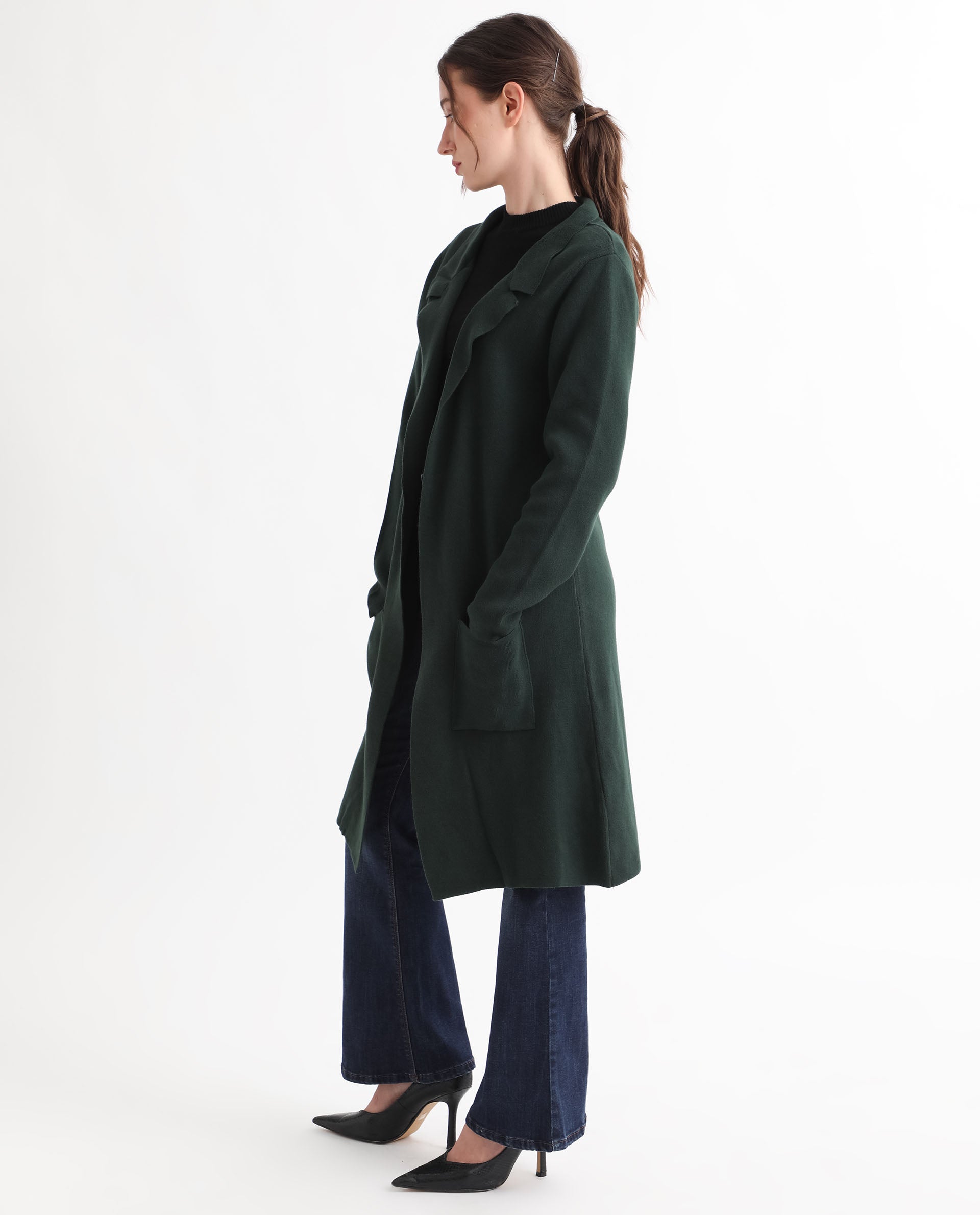 Rareism Women's Trident Green Cotton Lapel Neck Plain Knee Length Regular Fit Sweater