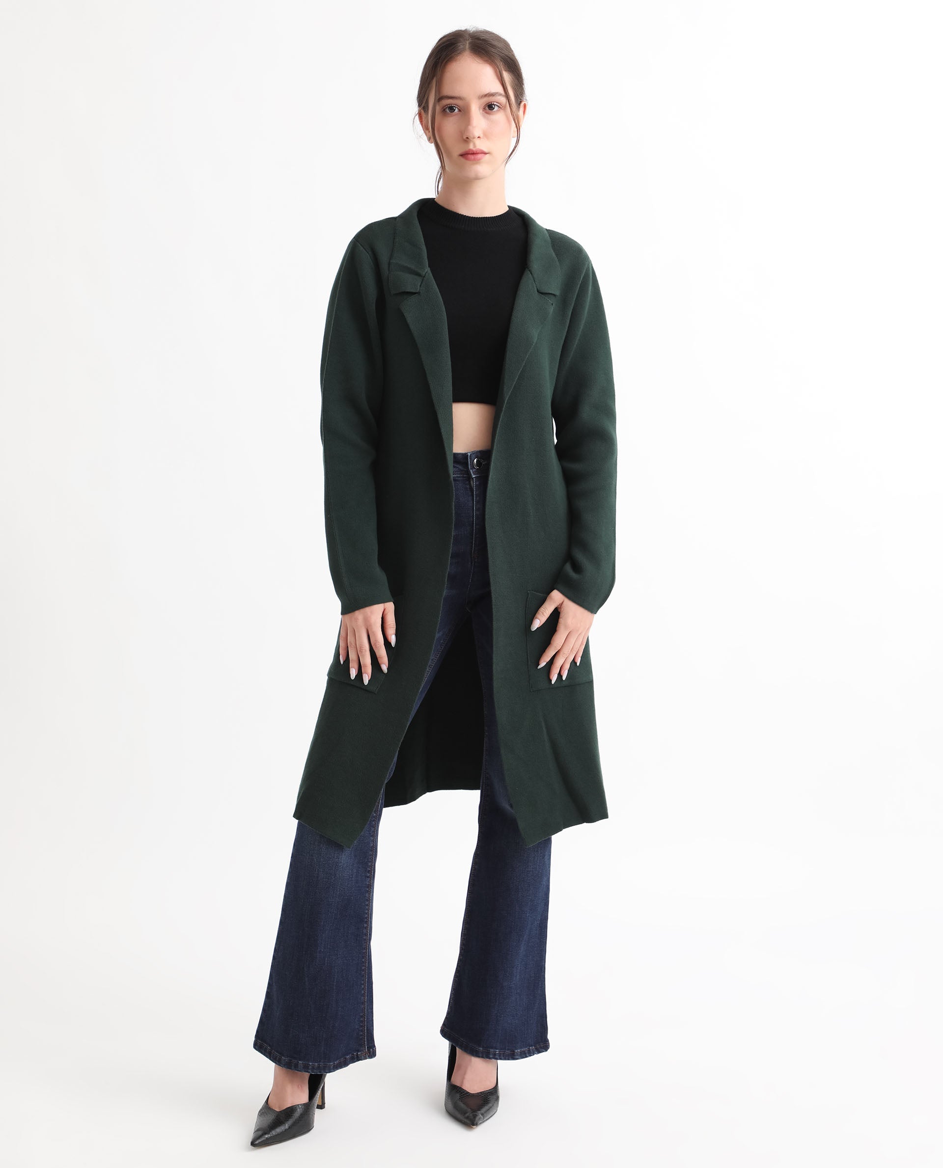 Rareism Women Trident Green Cotton Fabric Full Sleeves Knee Length Regular Fit Solid Lapel Neck Sweater