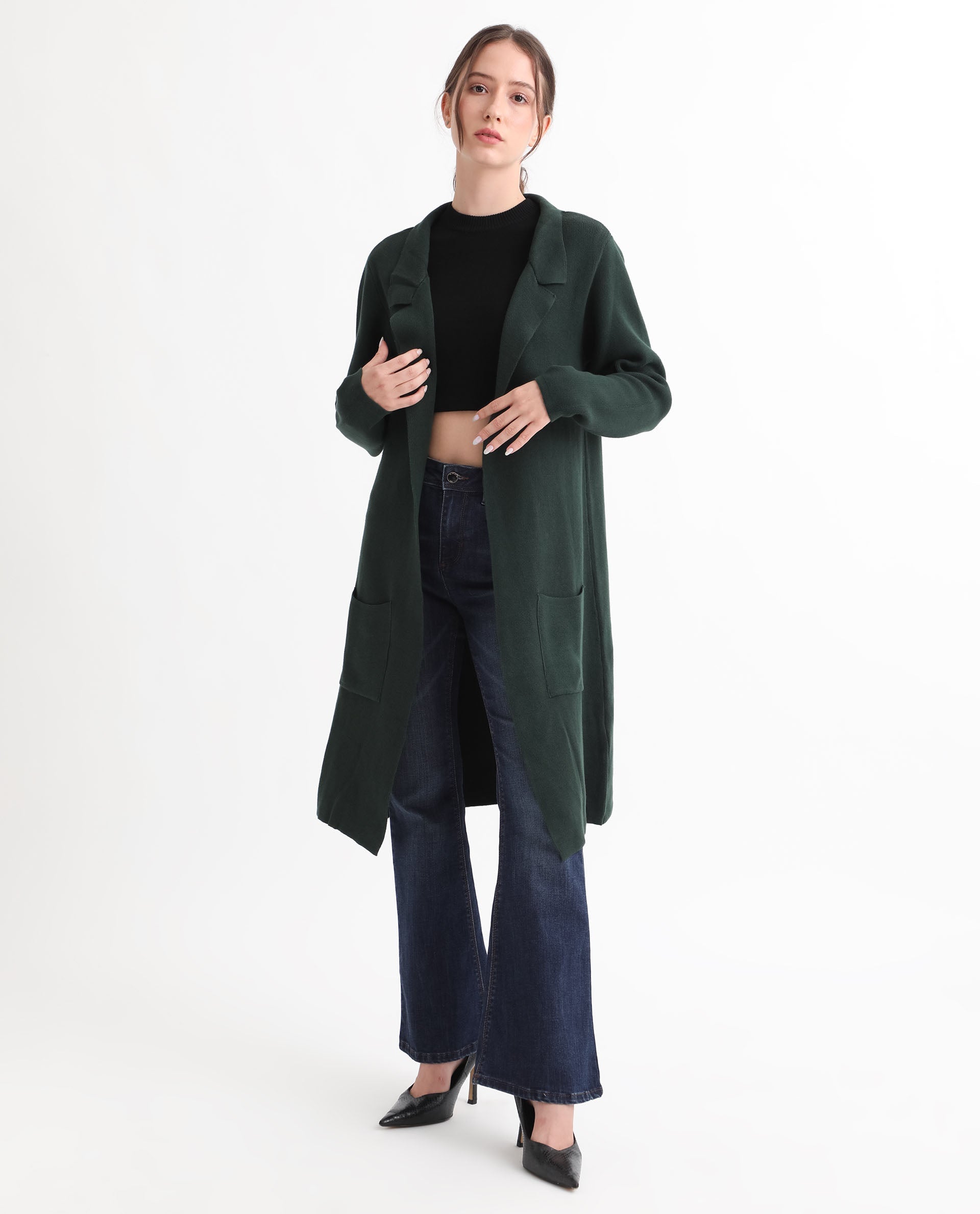 Rareism Women's Trident Green Cotton Lapel Neck Plain Knee Length Regular Fit Sweater
