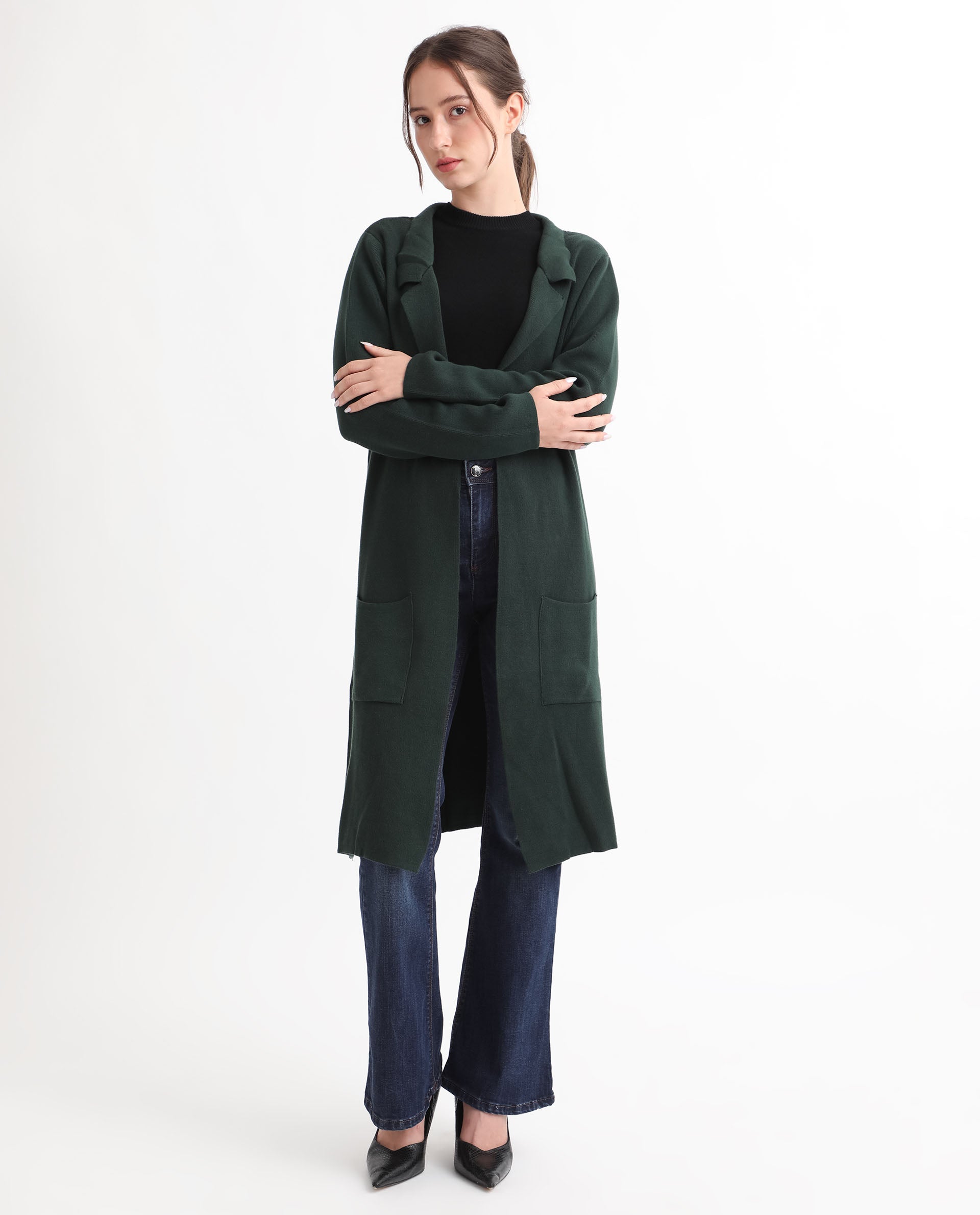 Rareism Women's Trident Green Cotton Lapel Neck Plain Knee Length Regular Fit Sweater
