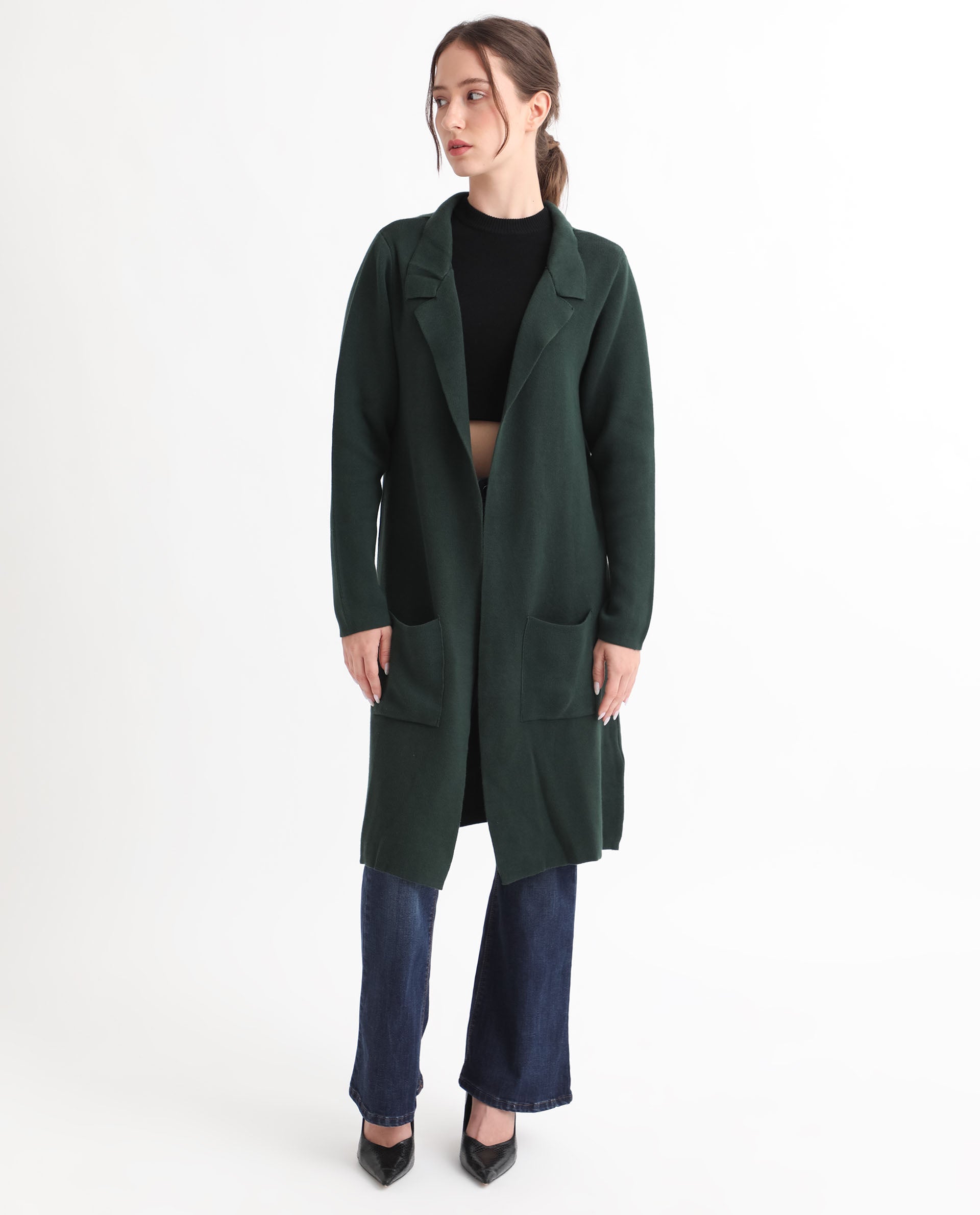 Rareism Women's Trident Green Cotton Lapel Neck Plain Knee Length Regular Fit Sweater
