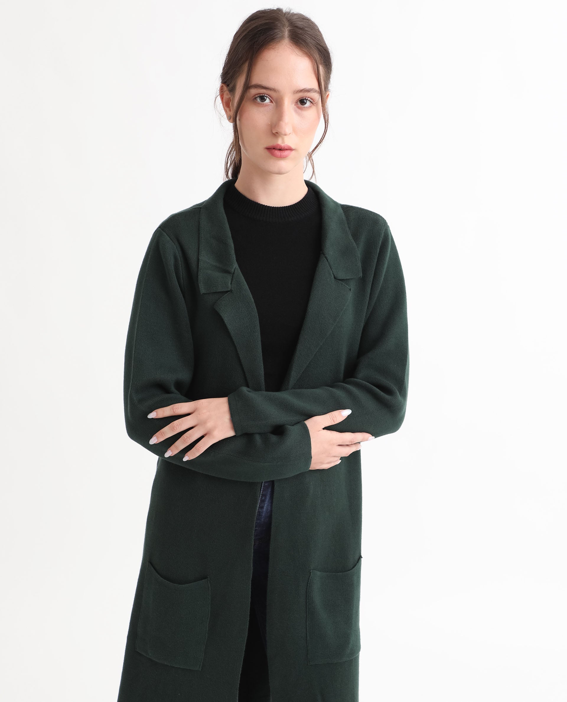 Rareism Women Trident Green Cotton Fabric Full Sleeves Knee Length Regular Fit Solid Lapel Neck Sweater