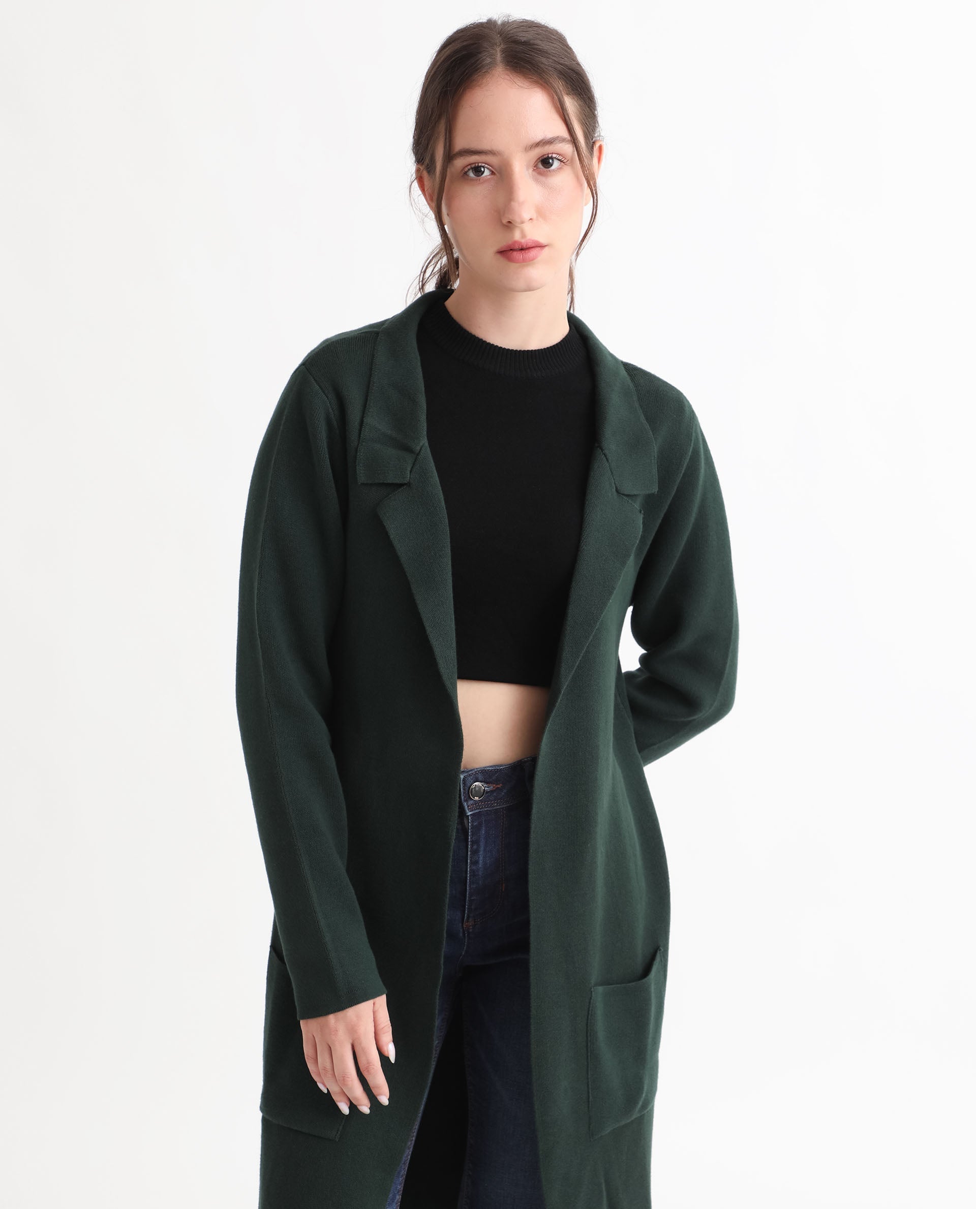 Rareism Women Trident Green Cotton Fabric Full Sleeves Knee Length Regular Fit Solid Lapel Neck Sweater