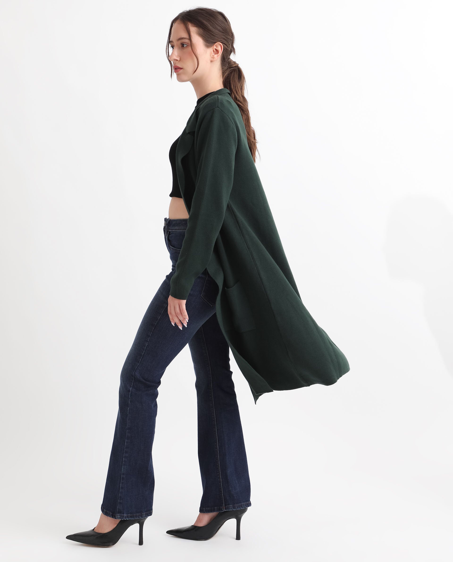 Rareism Women Trident Green Cotton Fabric Full Sleeves Knee Length Regular Fit Solid Lapel Neck Sweater