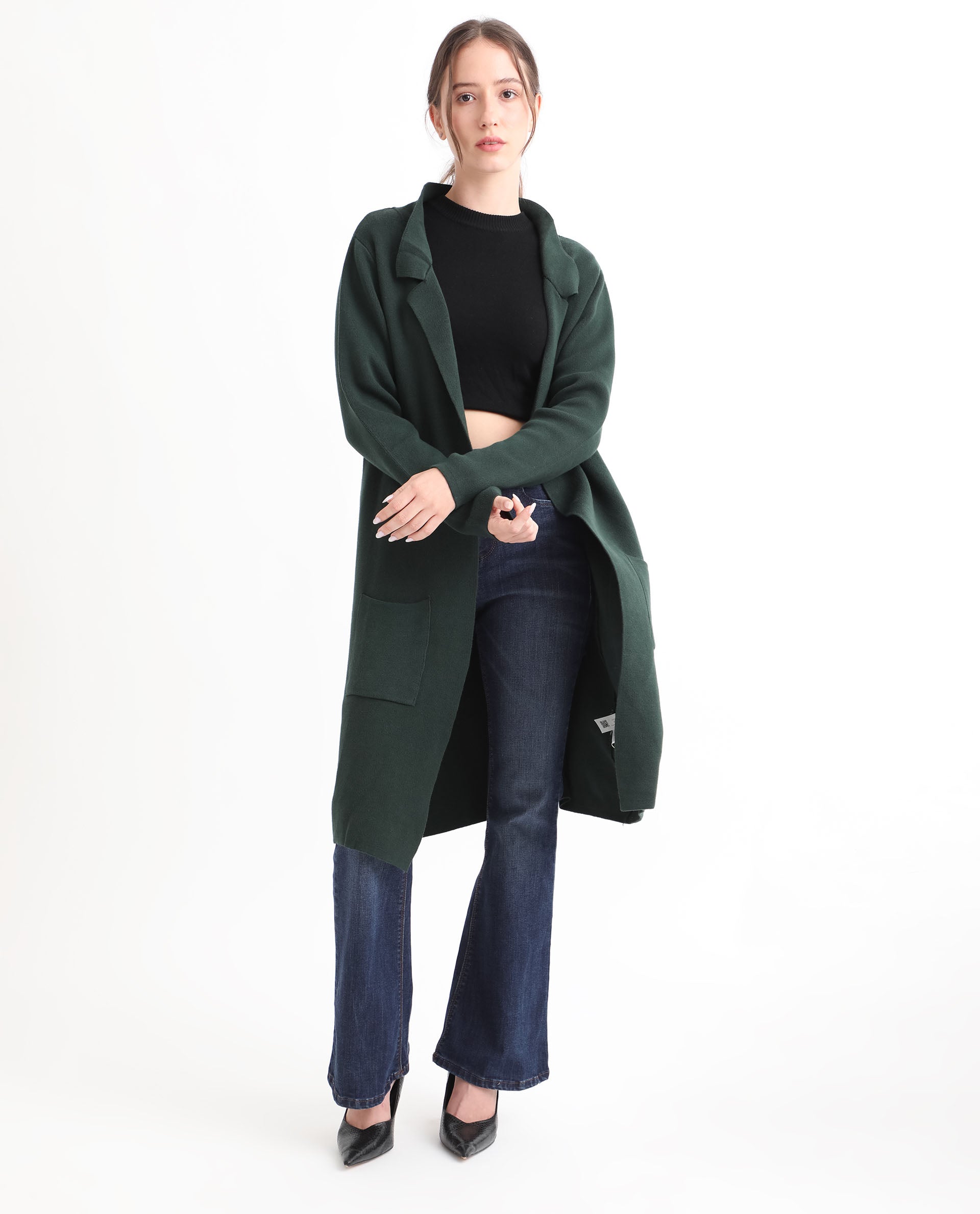 Rareism Women's Trident Green Cotton Lapel Neck Plain Knee Length Regular Fit Sweater