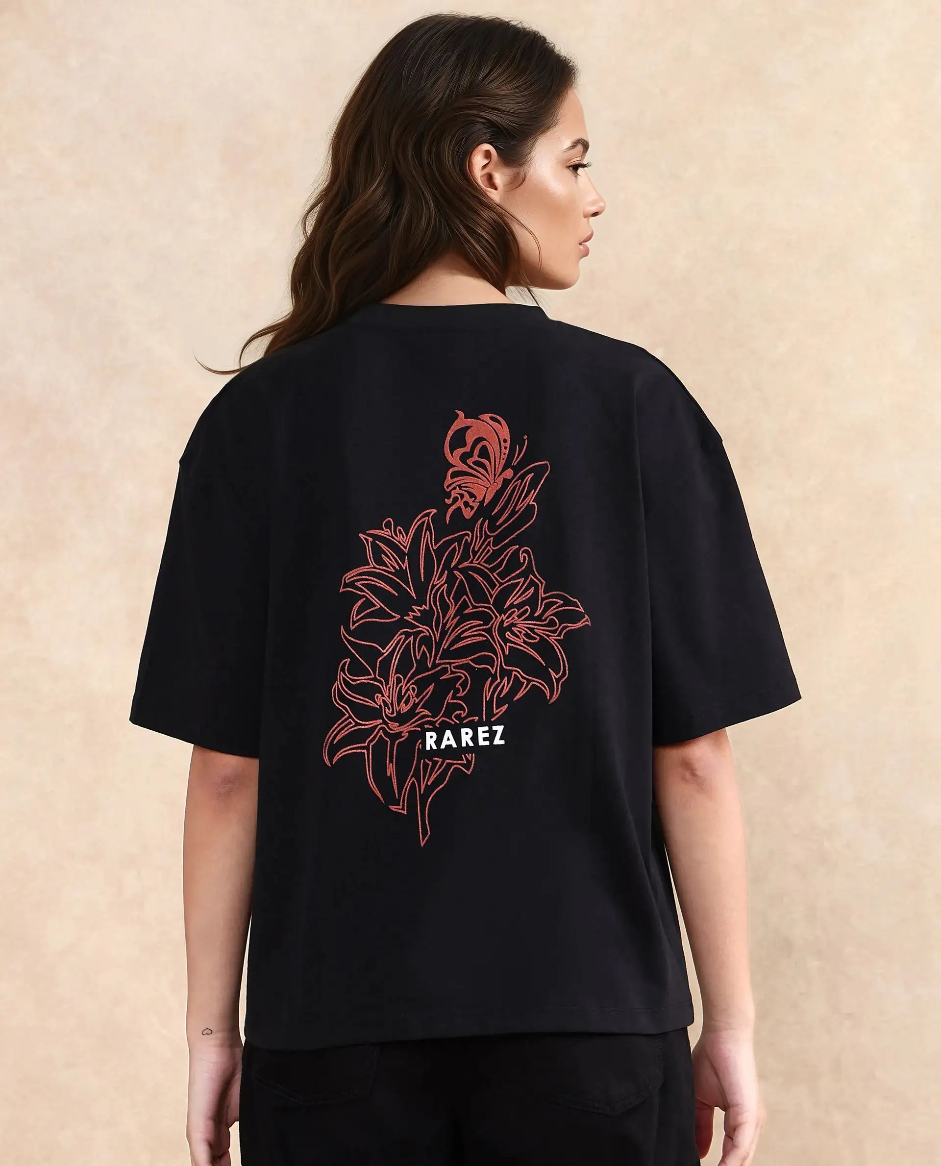 Rareism Women's Trill Black Cotton Crew Neck Graphic Print Oversized T-Shirt