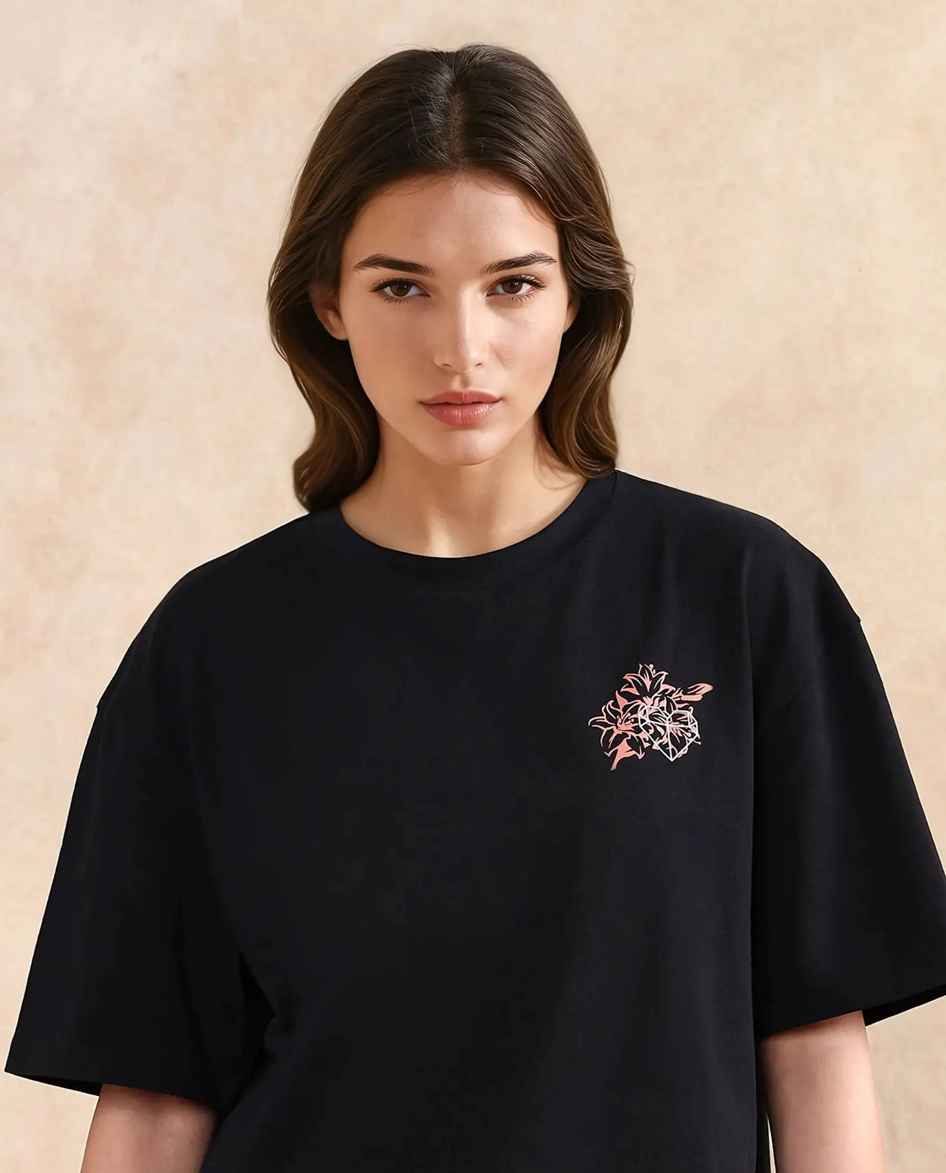 Rareism Women's Trill Black Cotton Crew Neck Graphic Print Oversized T-Shirt