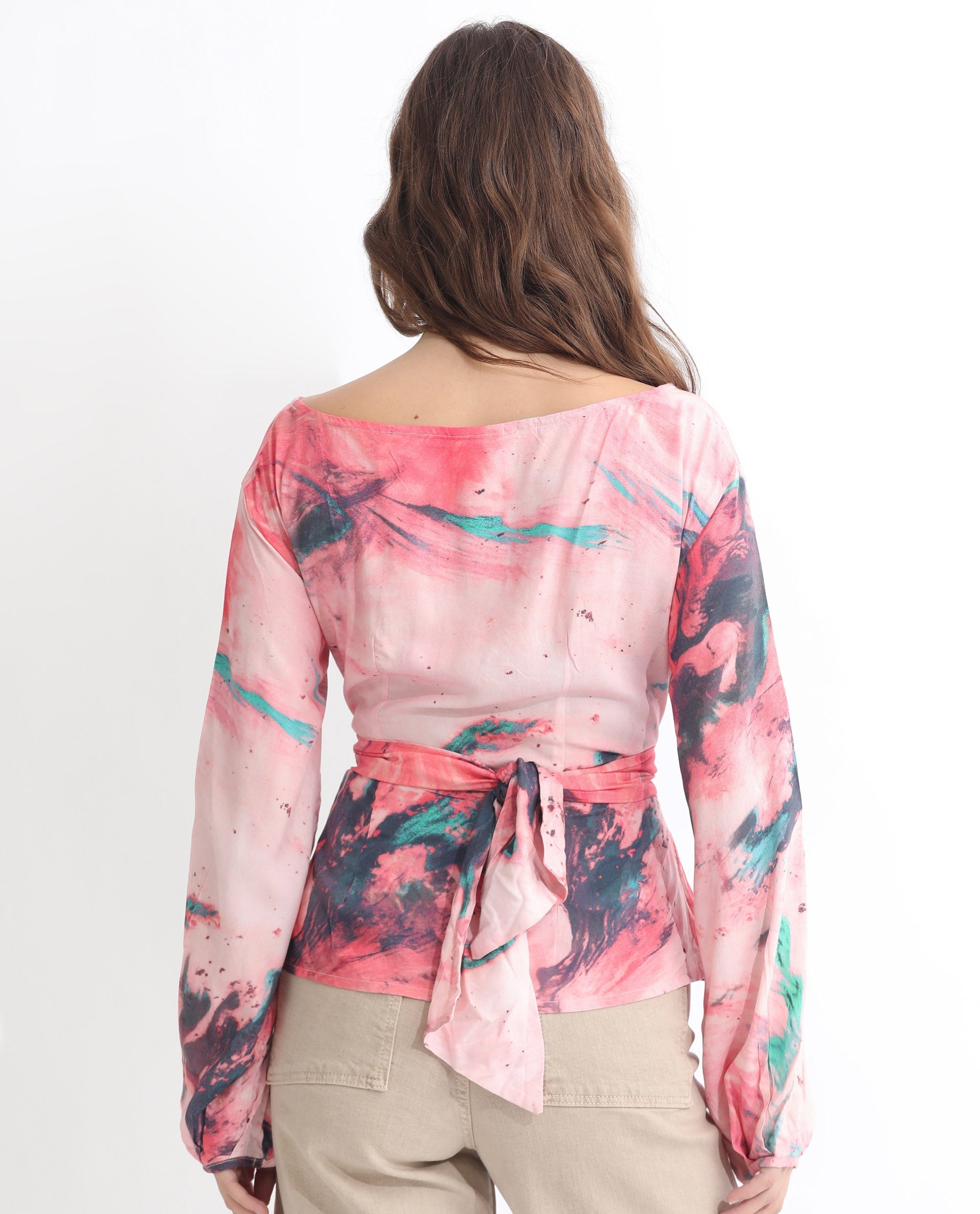 Rareism Women's Trivia Multi Viscose Boat Neck Abstract Print Extended Sleeves Regular Fit Top