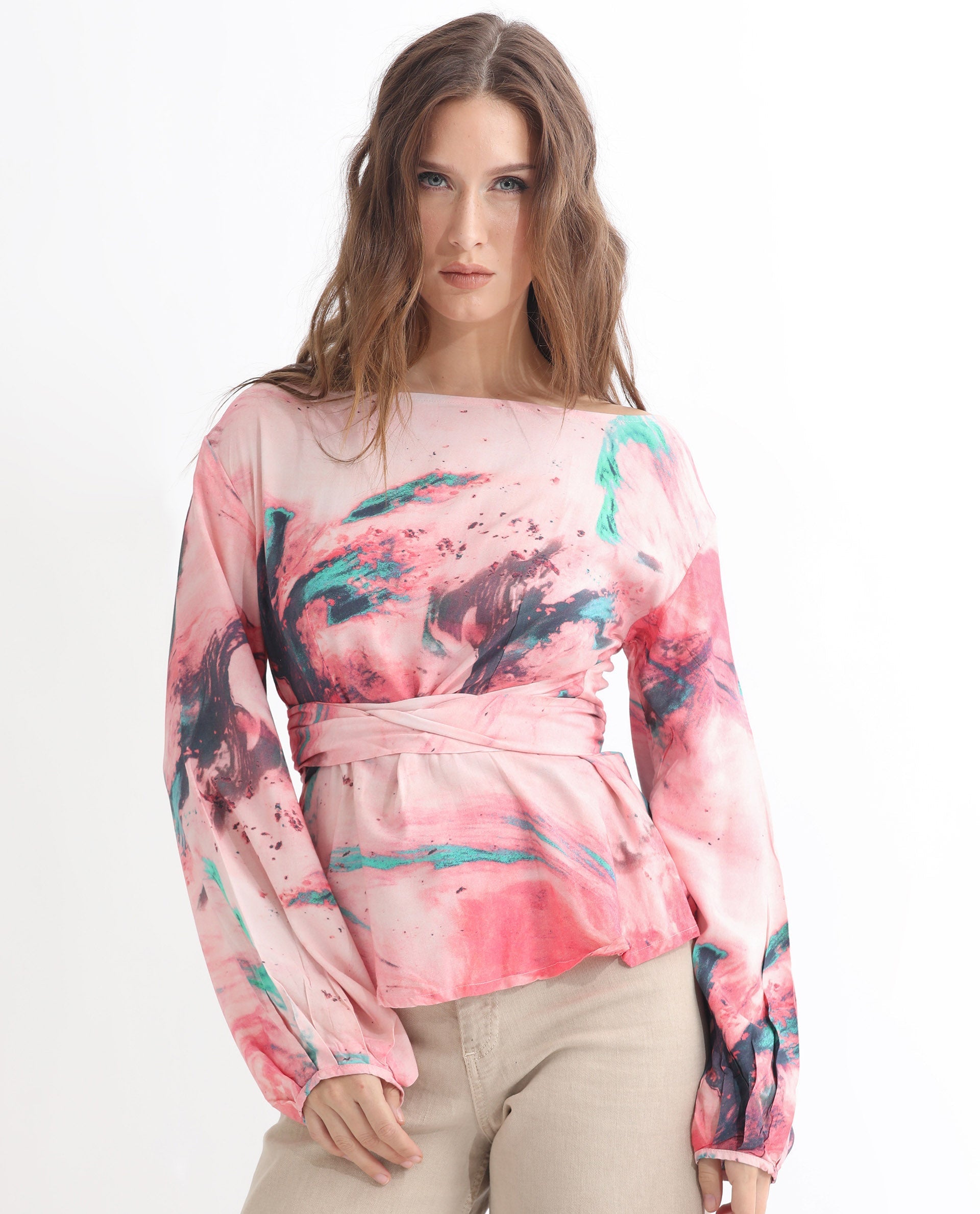 Rareism Women's Trivia Multi Viscose Boat Neck Abstract Print Extended Sleeves Regular Fit Top