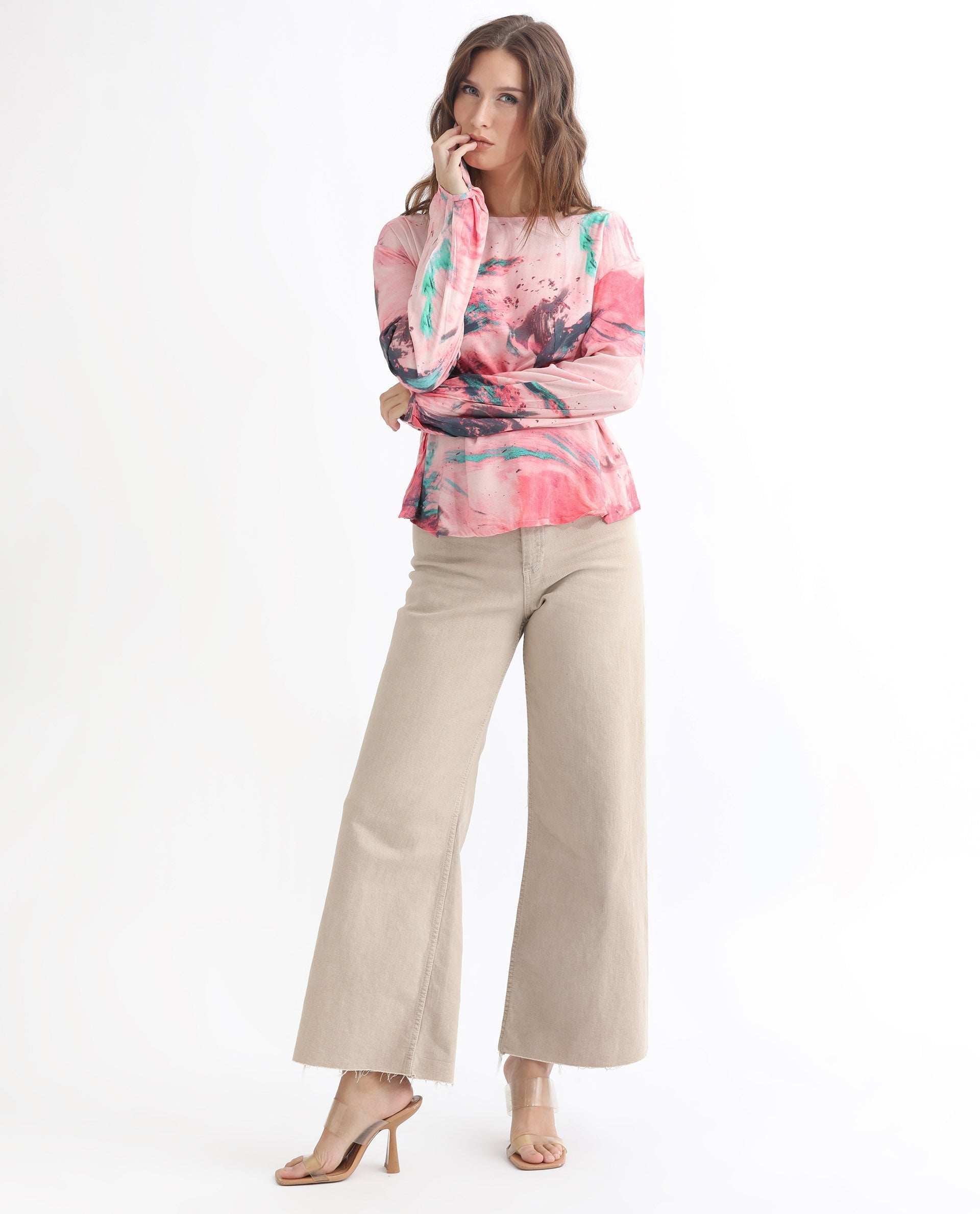Rareism Women's Trivia Multi Viscose Boat Neck Abstract Print Extended Sleeves Regular Fit Top