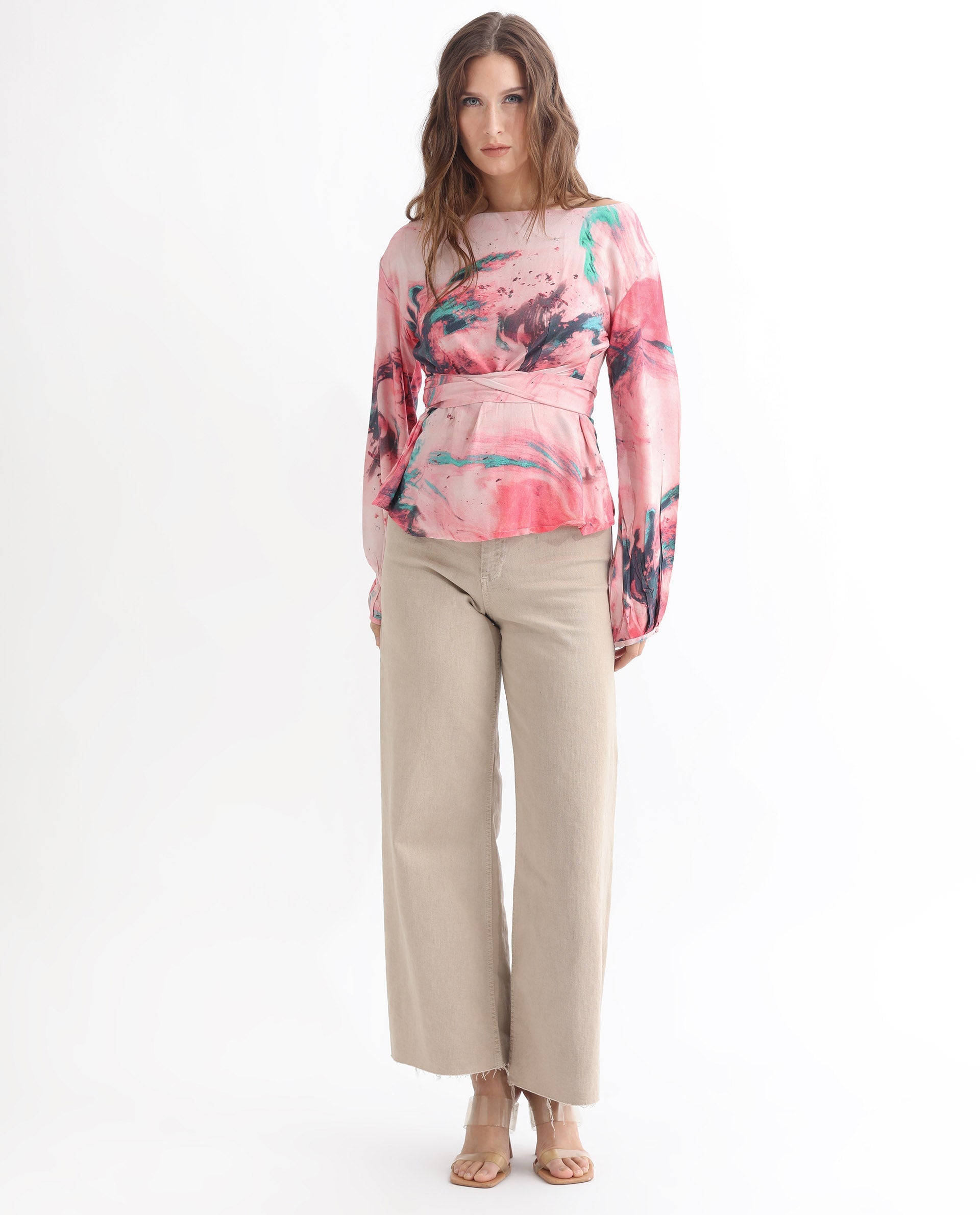 Rareism Women's Trivia Multi Viscose Boat Neck Abstract Print Extended Sleeves Regular Fit Top