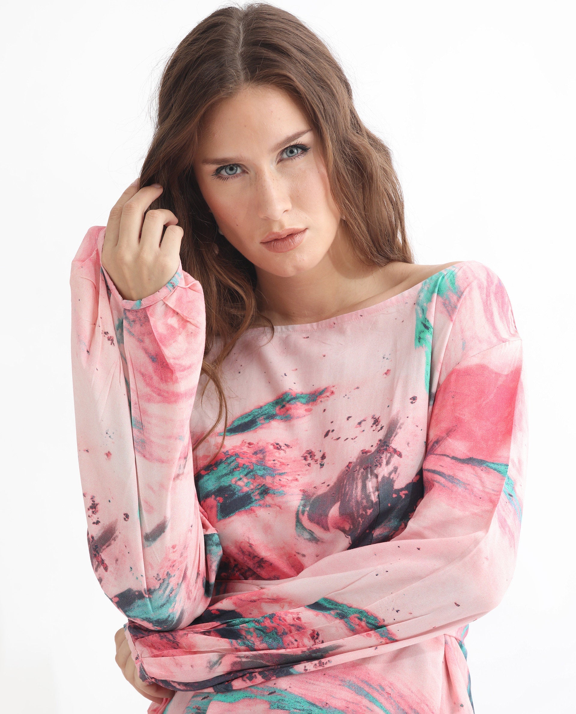 Rareism Women Trivia Multi Viscose Fabric Regular Fit Boat Neck Full Sleeves Abstract Print Top