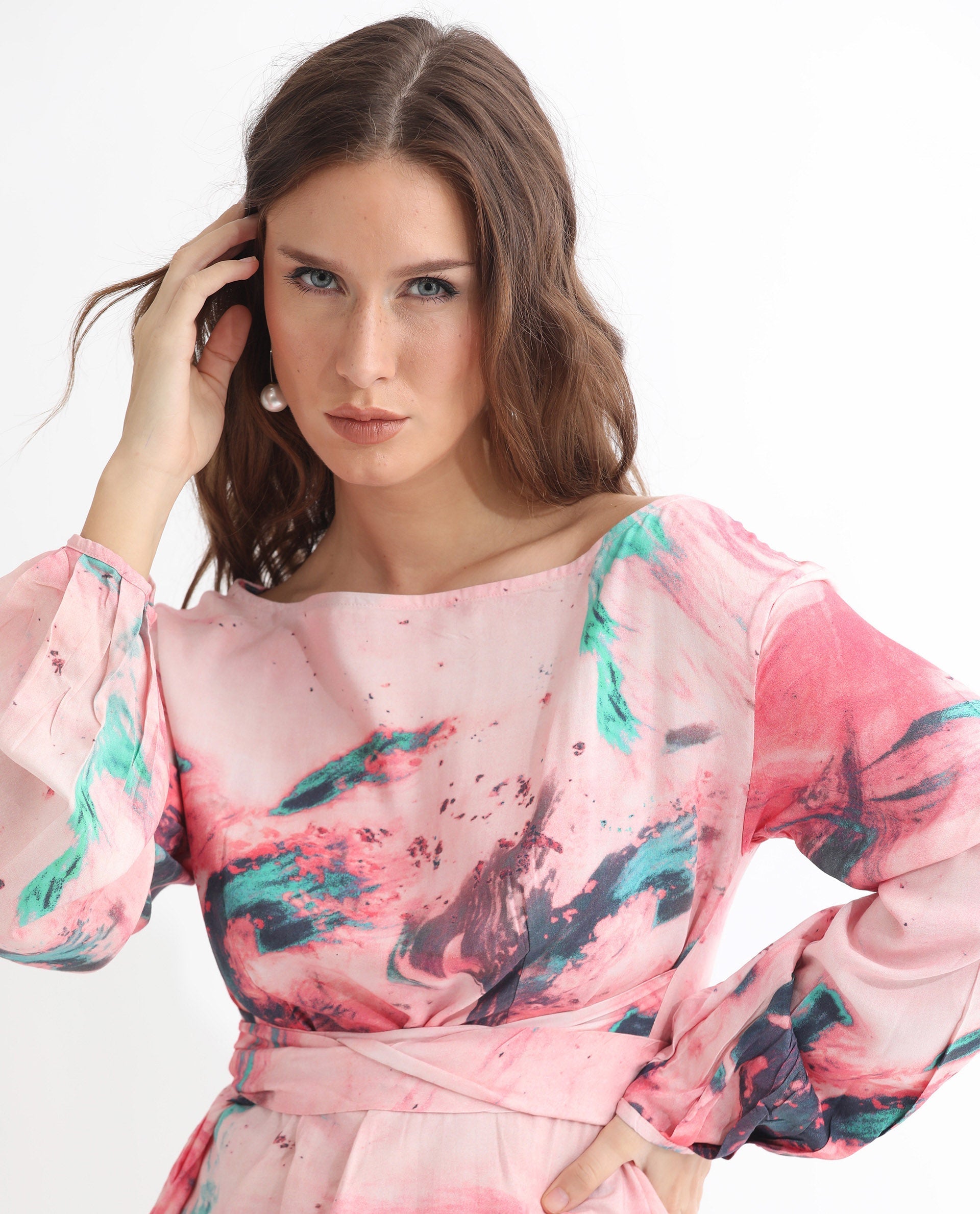 Rareism Women's Trivia Multi Viscose Boat Neck Abstract Print Extended Sleeves Regular Fit Top
