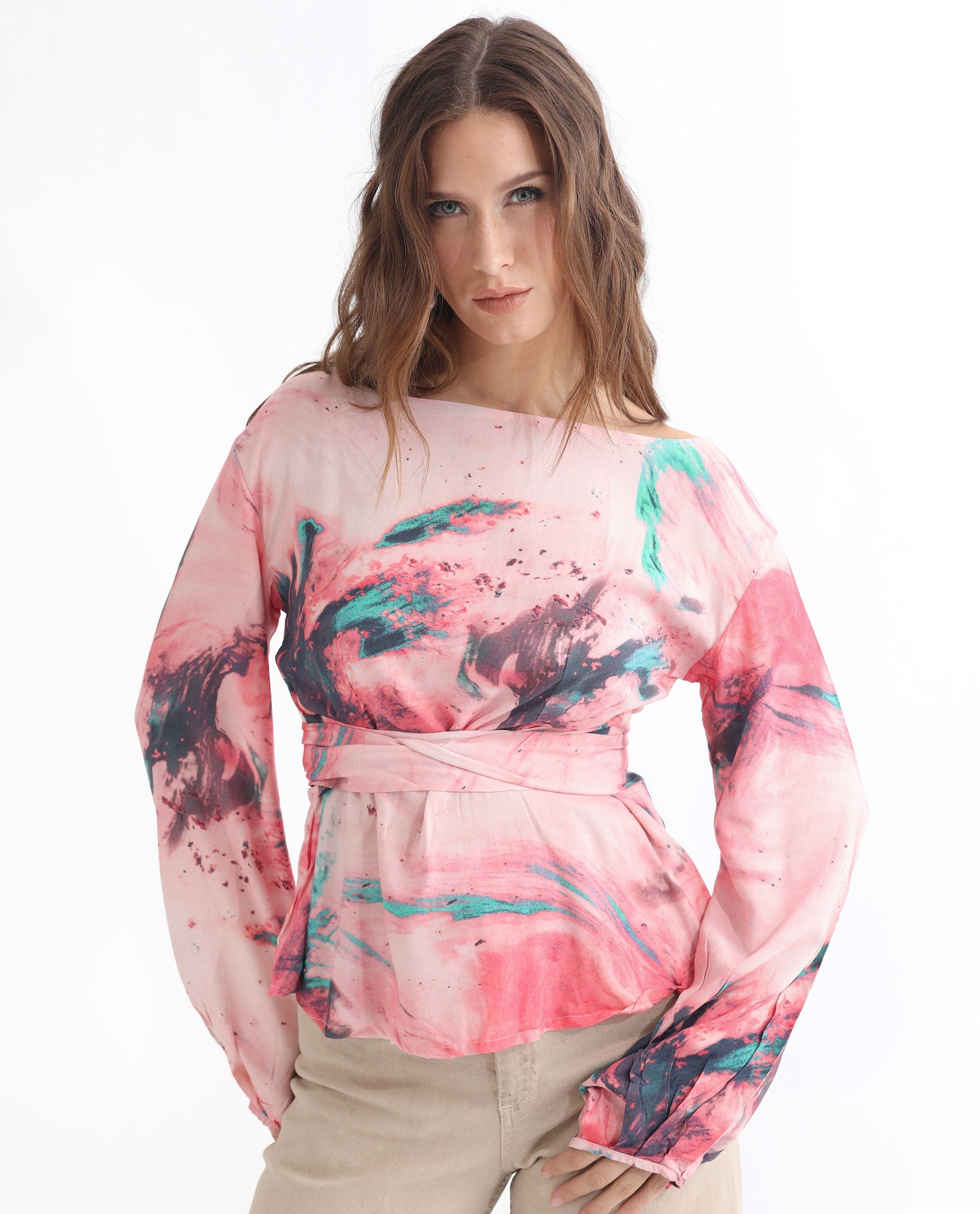 Rareism Women Trivia Multi Viscose Fabric Regular Fit Boat Neck Full Sleeves Abstract Print Top