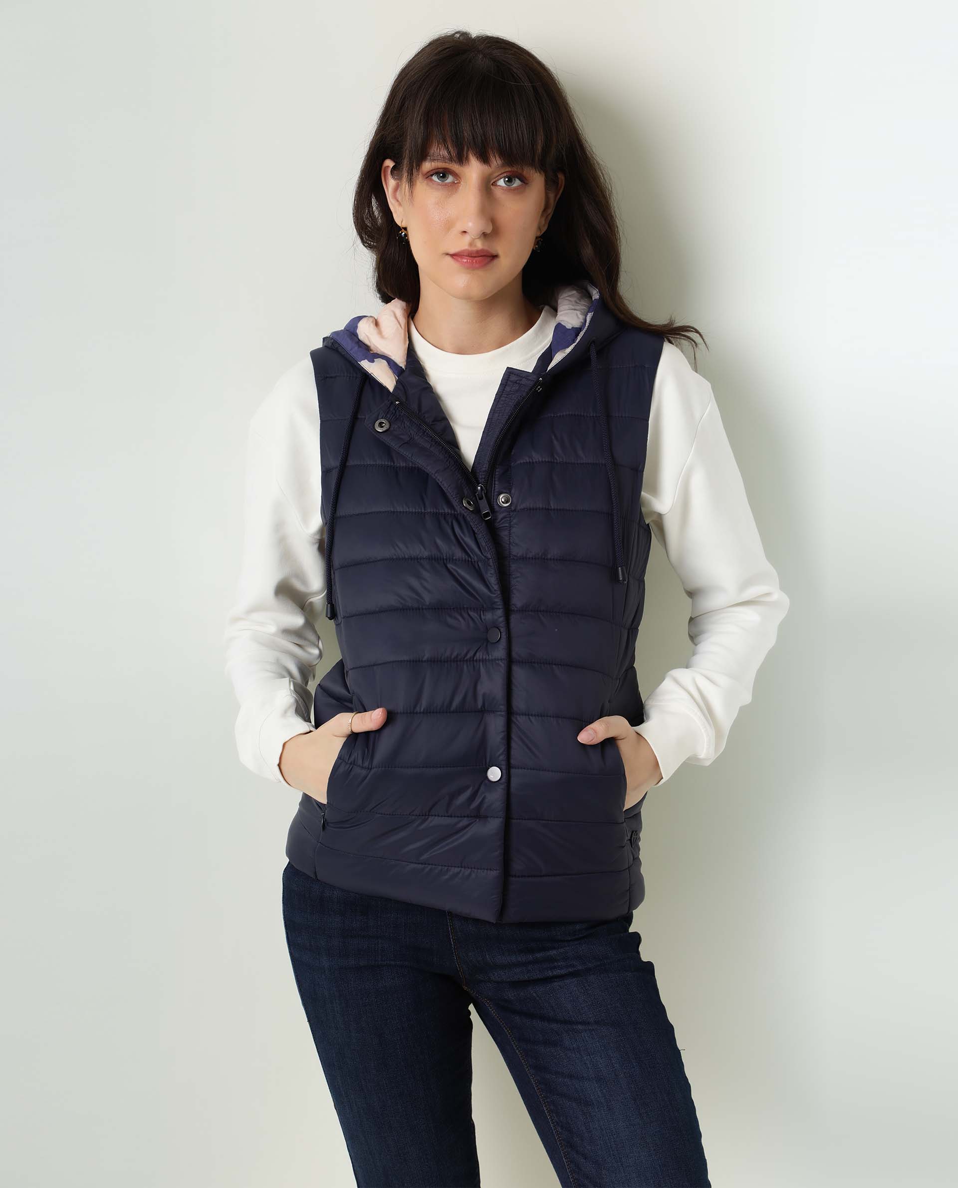 Rareism Women Troop Dark Navy Sleeveless Solid Hooded Jacket