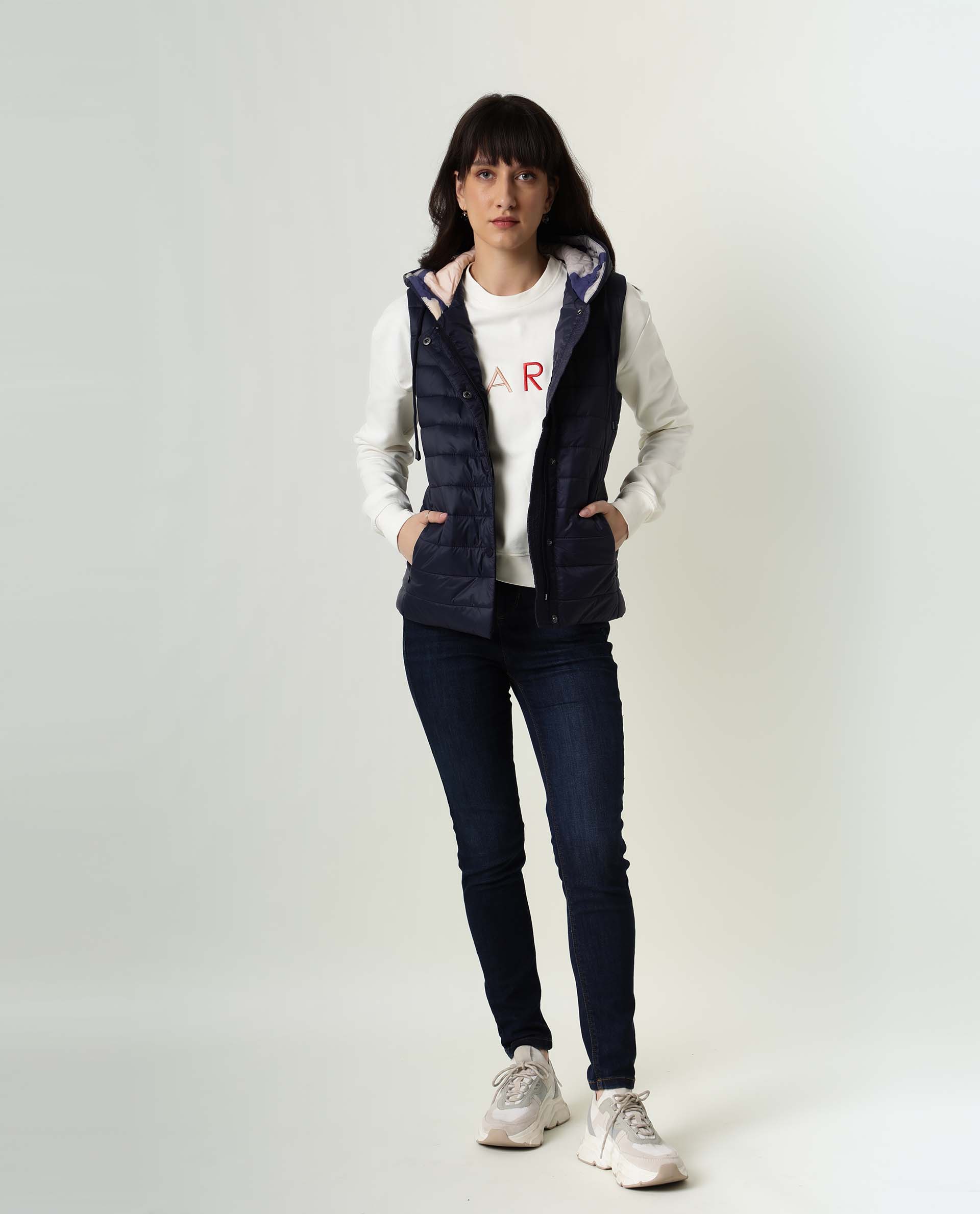 Rareism Women Troop Dark Navy Sleeveless Solid Hooded Jacket