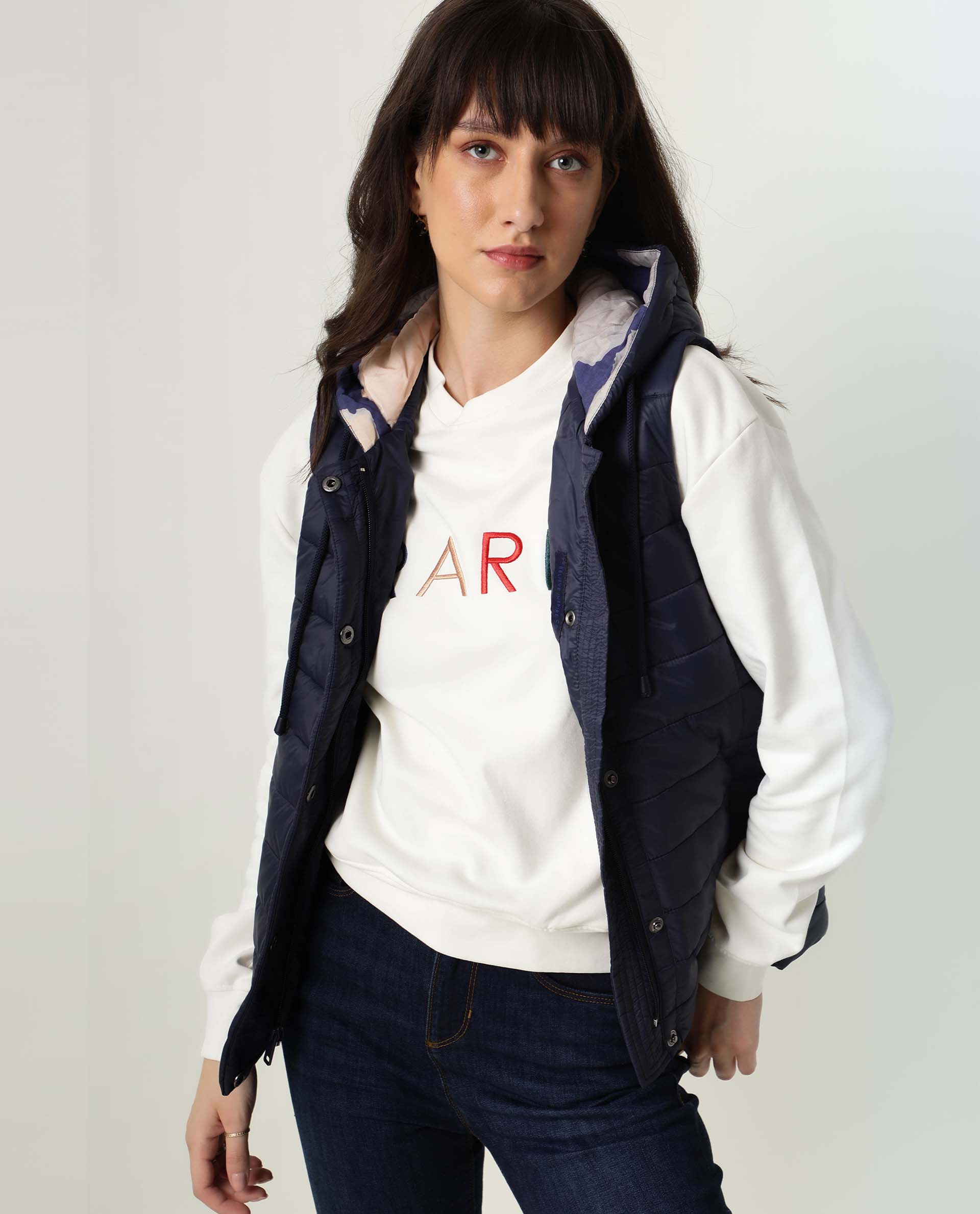 Rareism Women Troop Dark Navy Sleeveless Solid Hooded Jacket