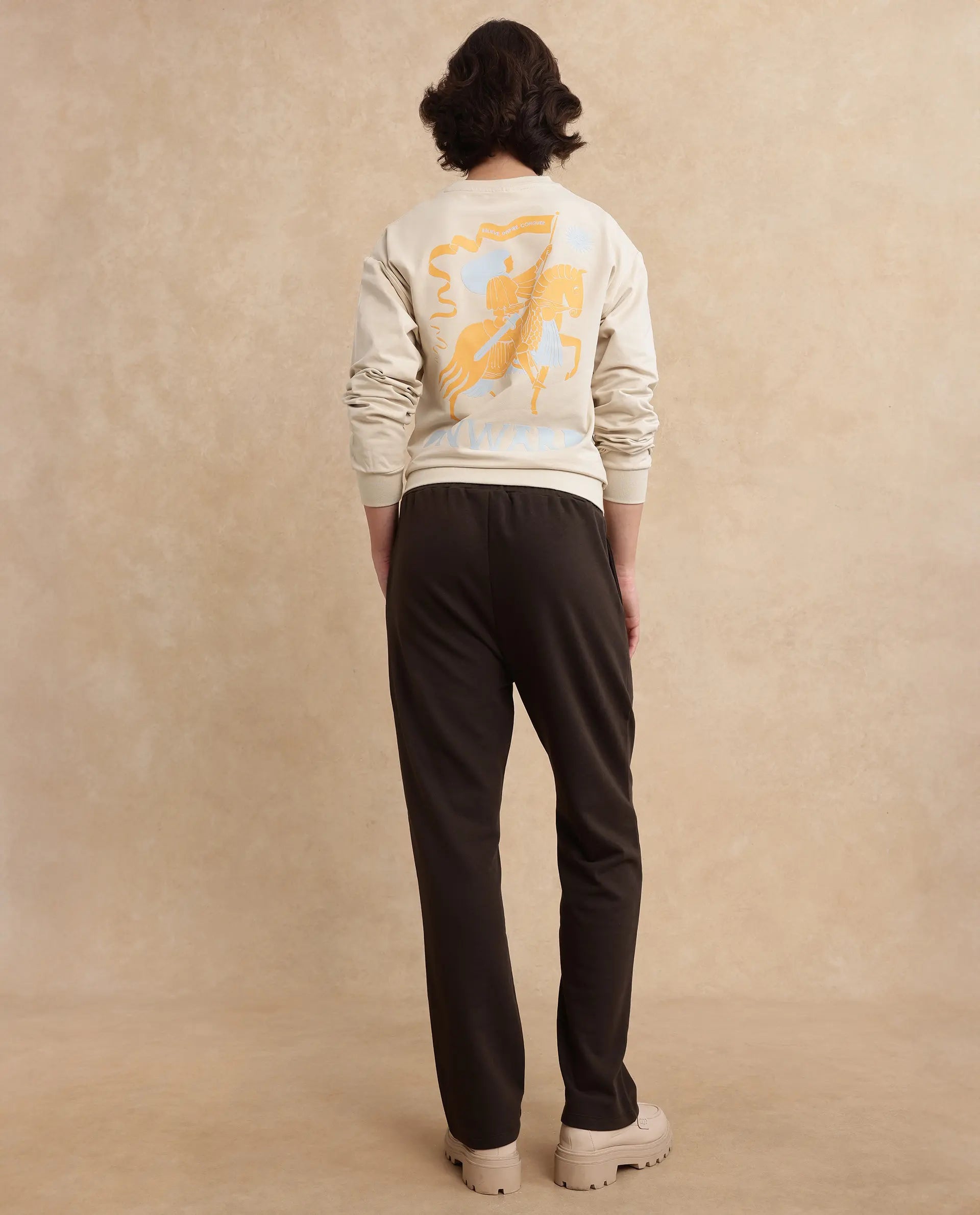 Rareism Women Trunky Brown Cotton Blend Fabric Straight Fit Ankle Length Plain Track Pant