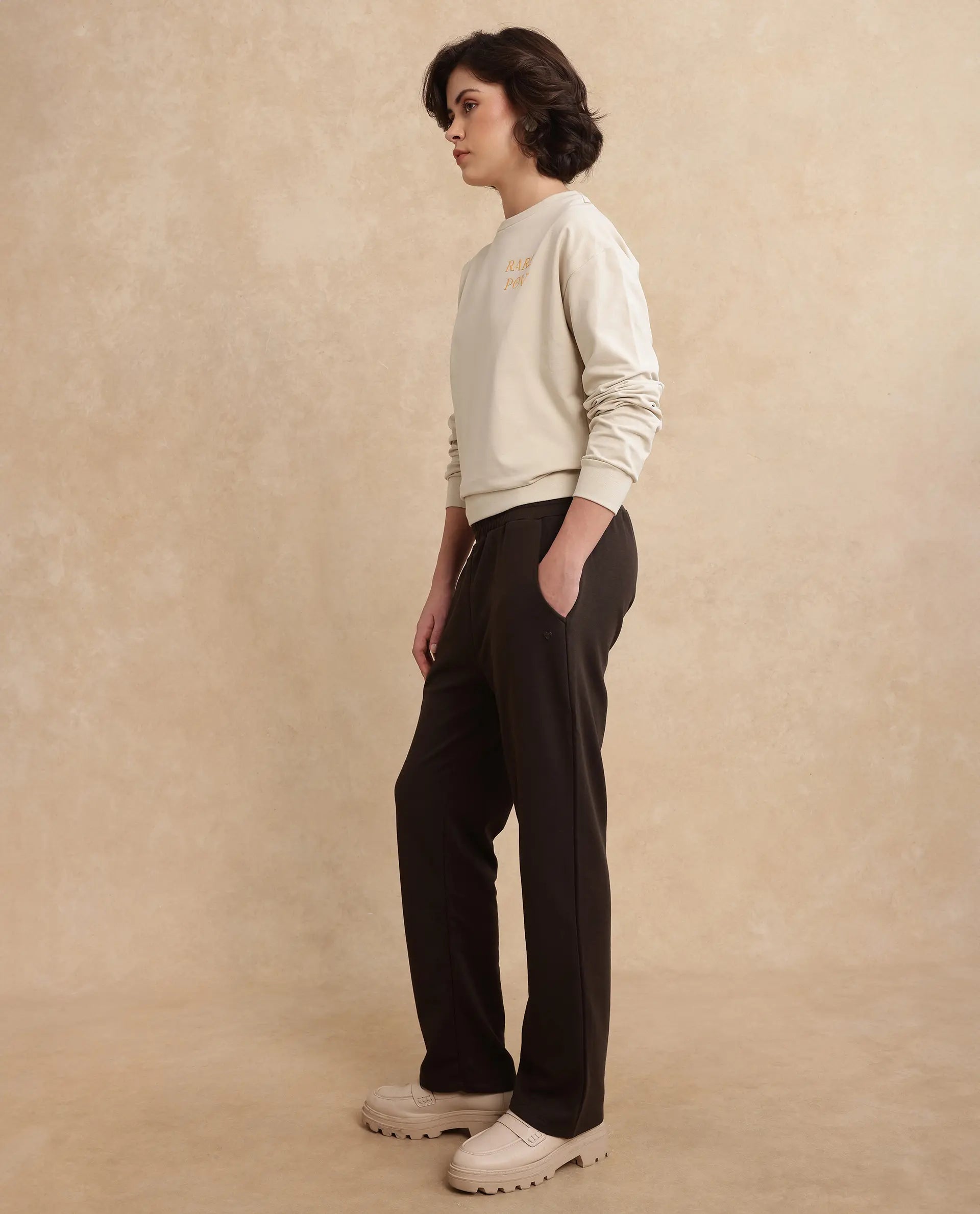 Rareism Women's Trunky Brown Cotton Blend Plain Ankle Length Straight Fit Track Pant