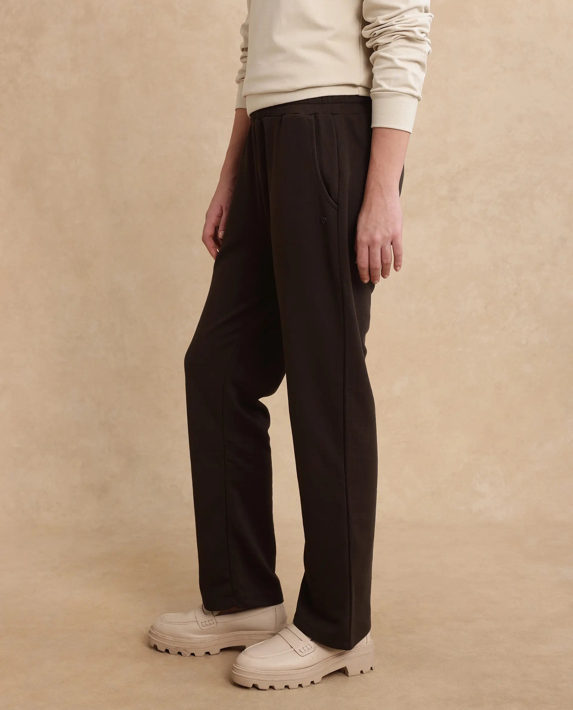 Rareism Women's Trunky Brown Cotton Blend Plain Ankle Length Straight Fit Track Pant