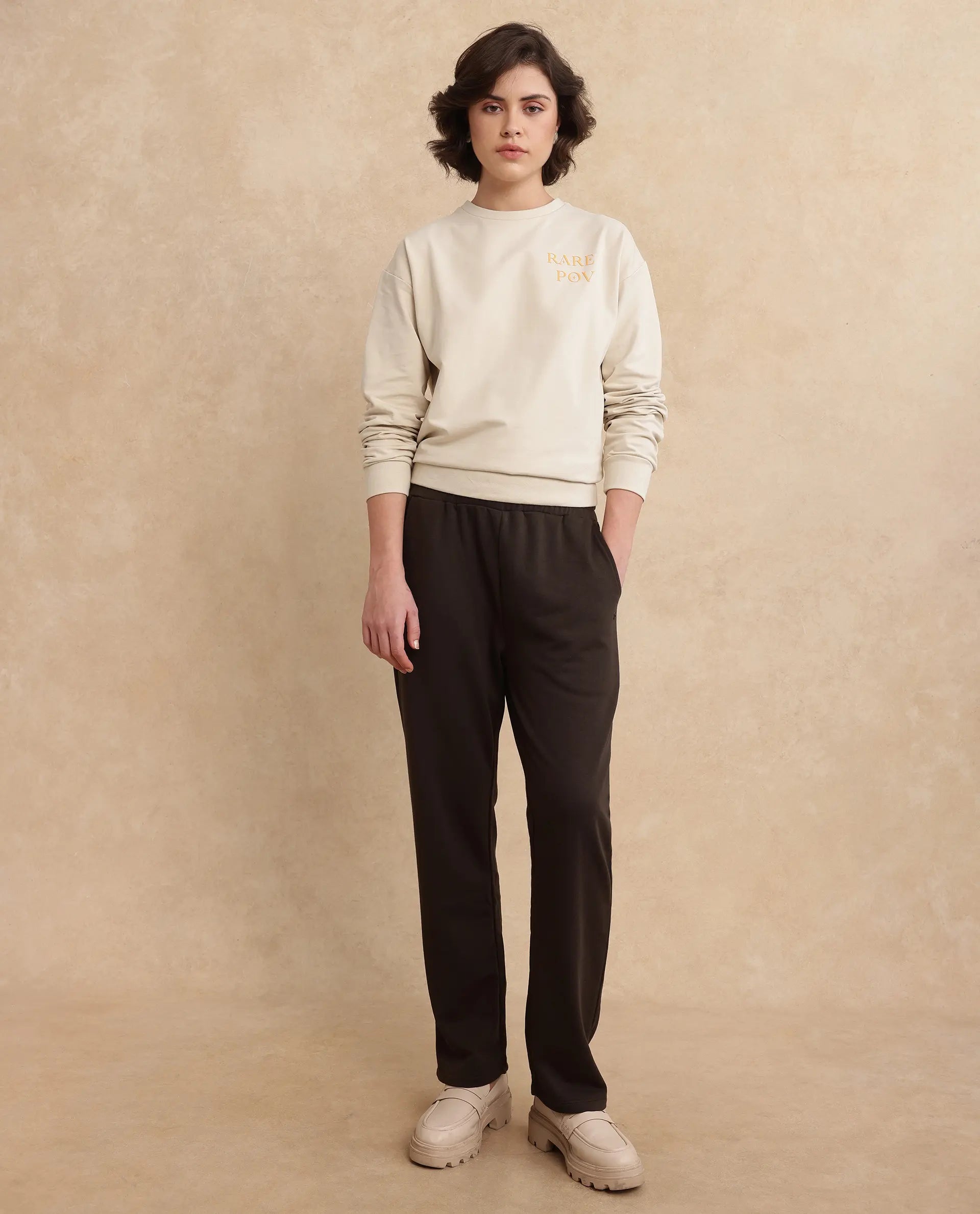 Rareism Women's Trunky Brown Cotton Blend Plain Ankle Length Straight Fit Track Pant