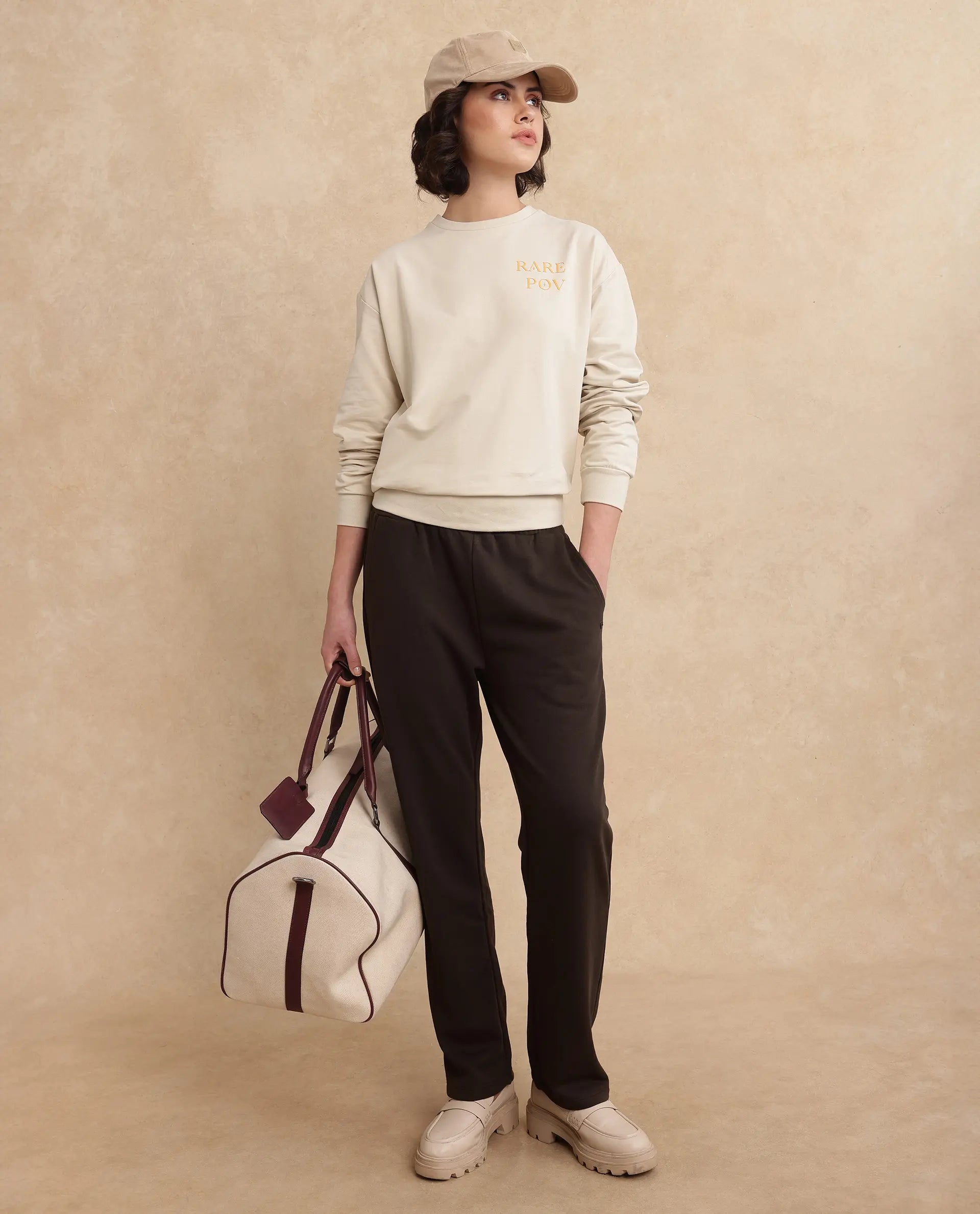 Rareism Women's Trunky Brown Cotton Blend Plain Ankle Length Straight Fit Track Pant