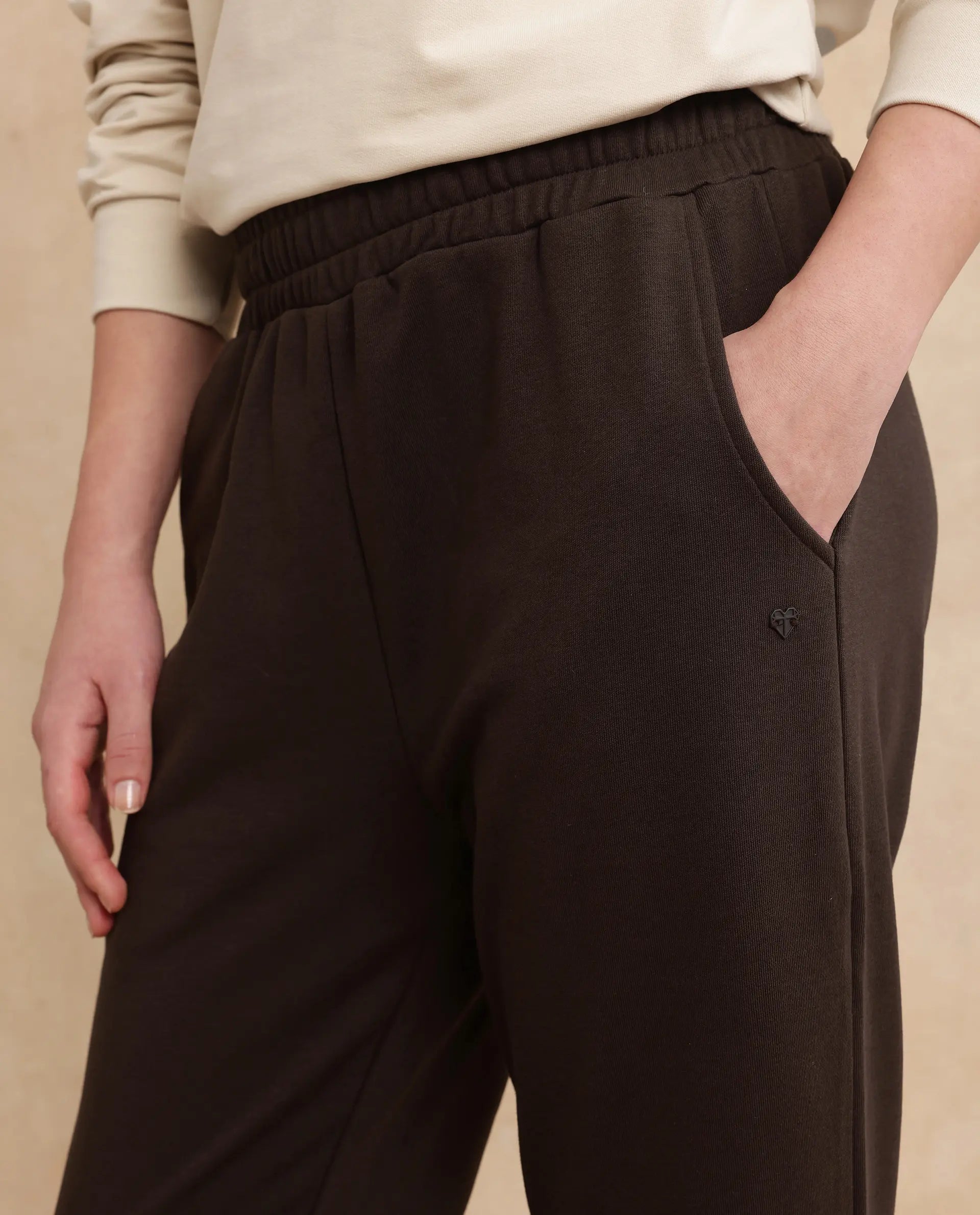 Rareism Women's Trunky Brown Cotton Blend Plain Ankle Length Straight Fit Track Pant