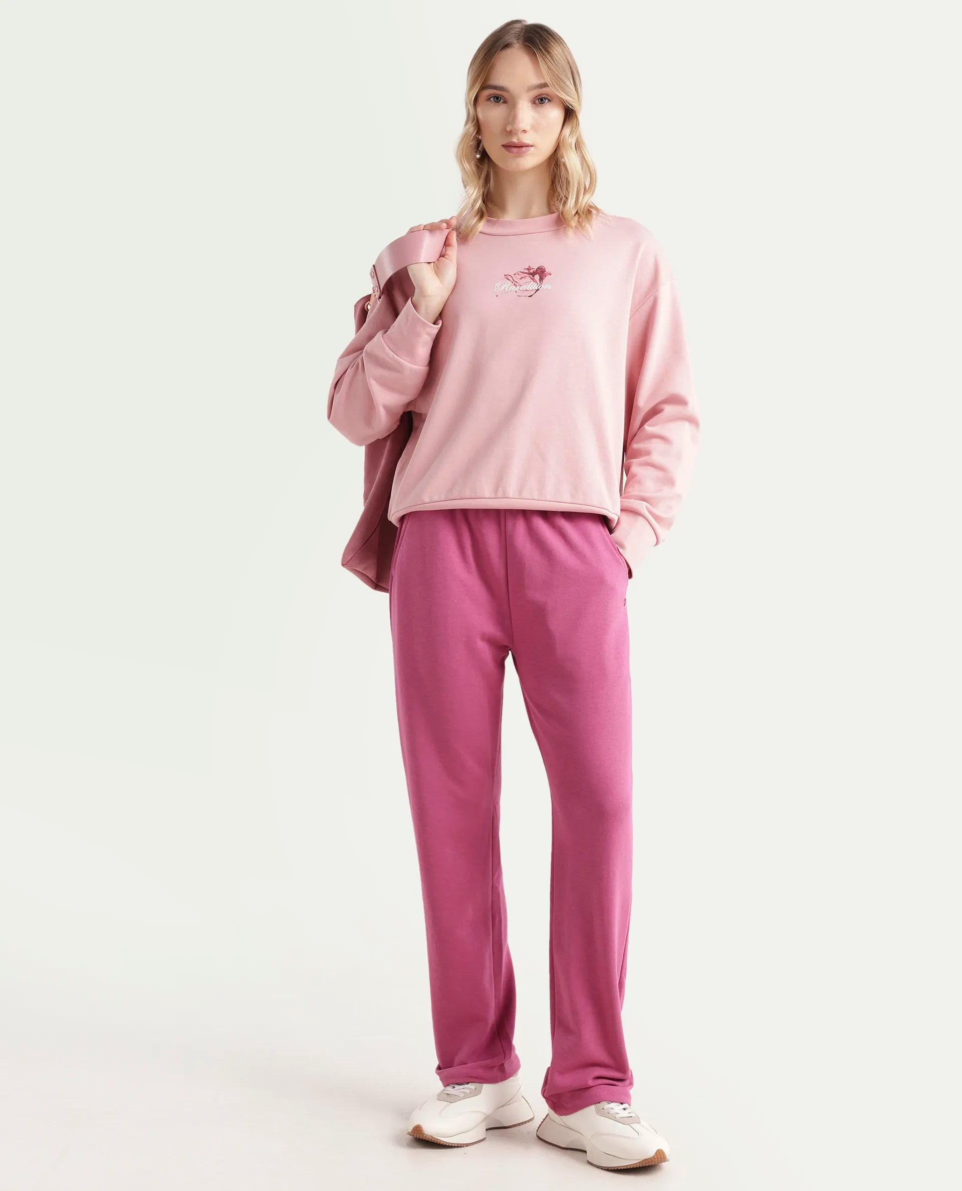 Rareism Women's Trunky Dark Pink Cotton Blend Plain Ankle Length Straight Fit Track Pant