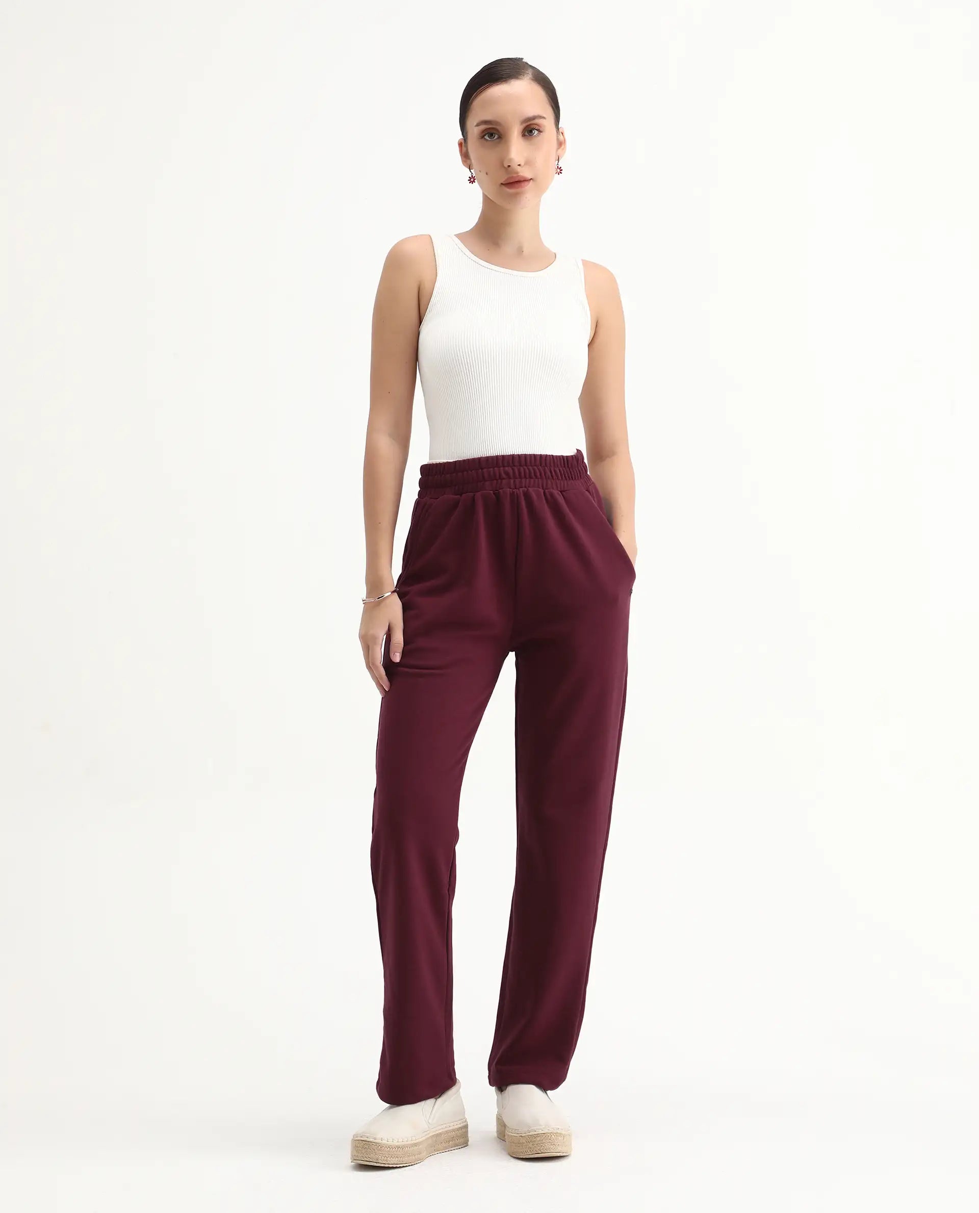 Rareism Women's Trunky Maroon Cotton Blend Plain Ankle Length Straight Fit Track Pant