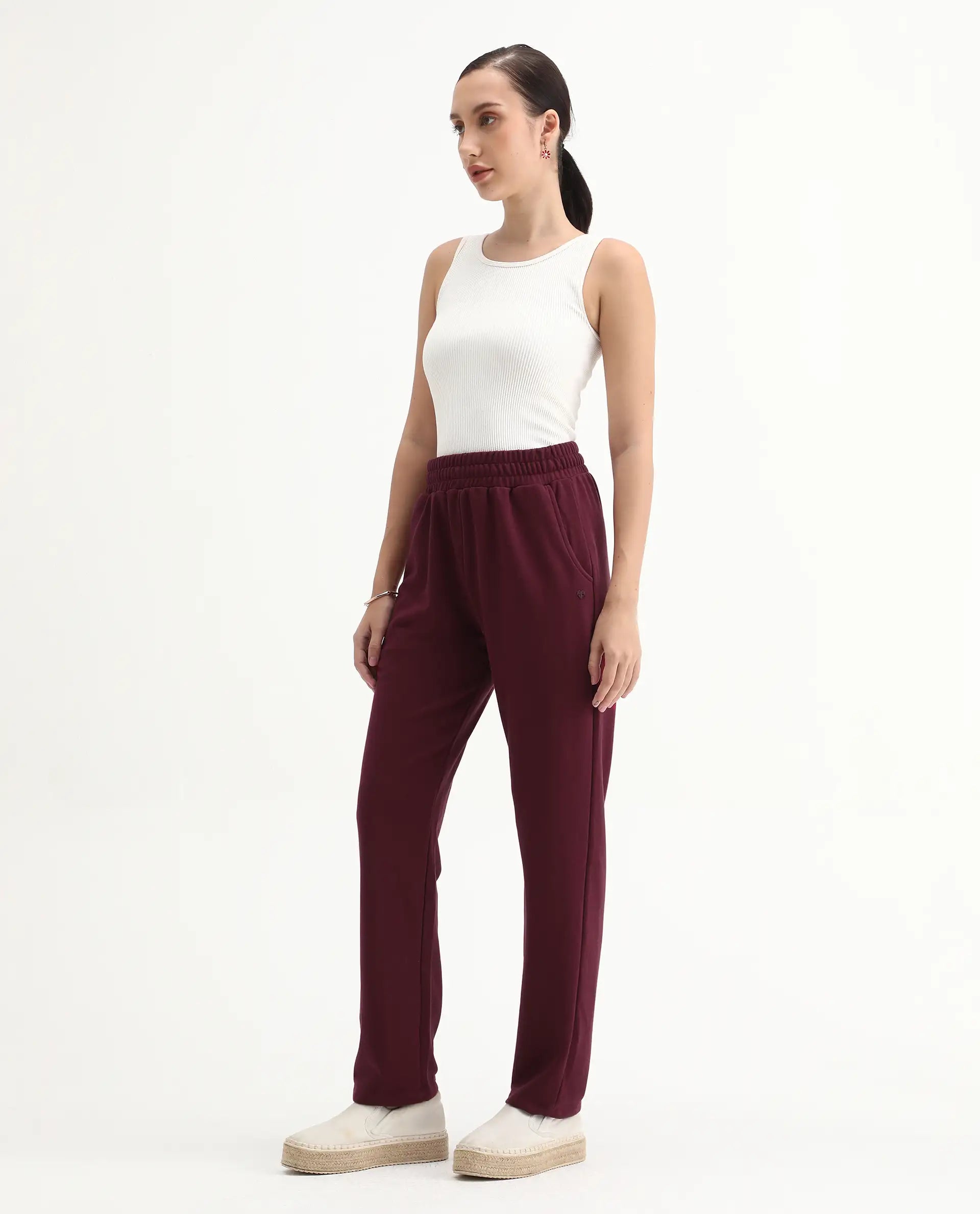 Rareism Women's Trunky Maroon Cotton Blend Plain Ankle Length Straight Fit Track Pant