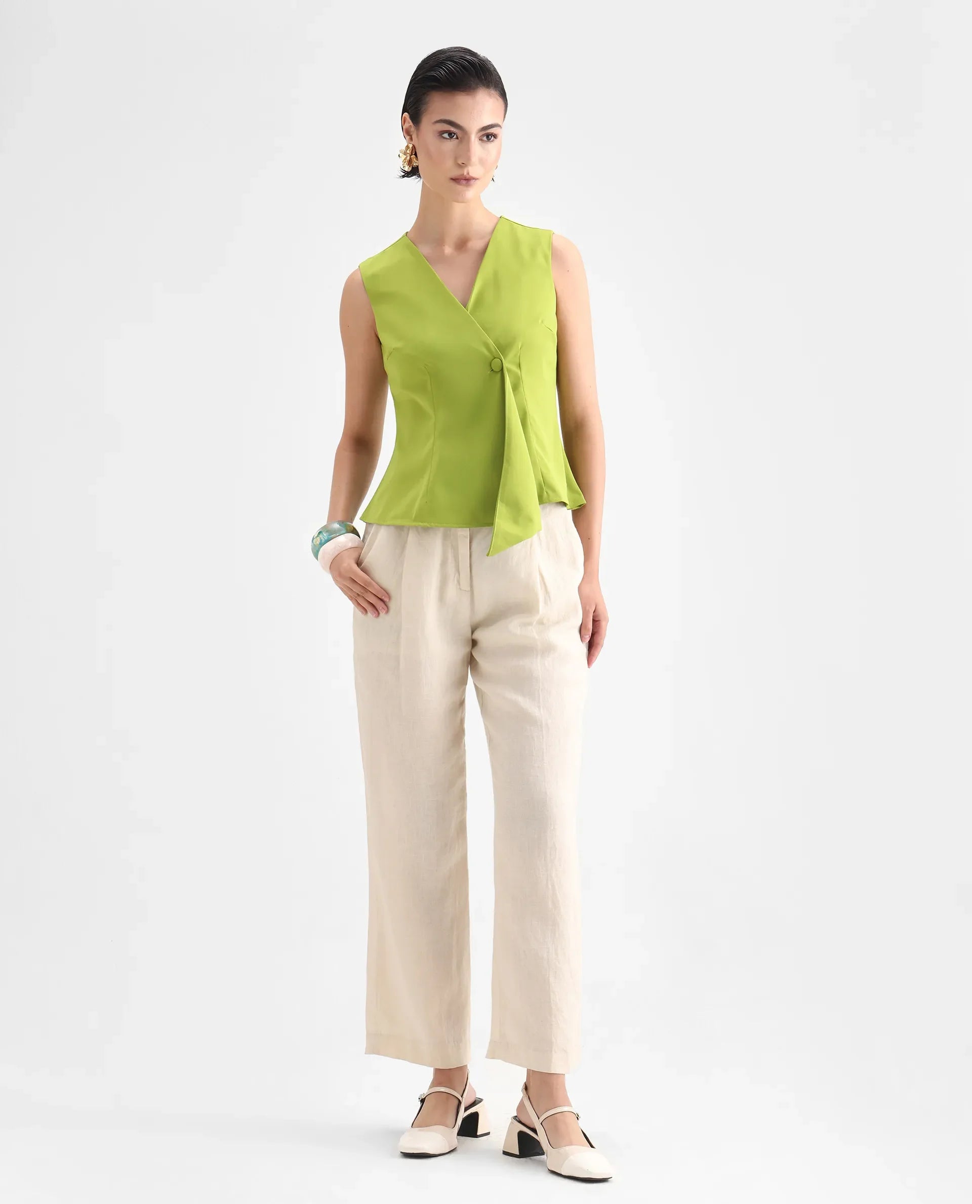 Rareism Women's Tuika Flouroscent Green Satin Overlap Neck Plain Sleeveless Regular Fit Top
