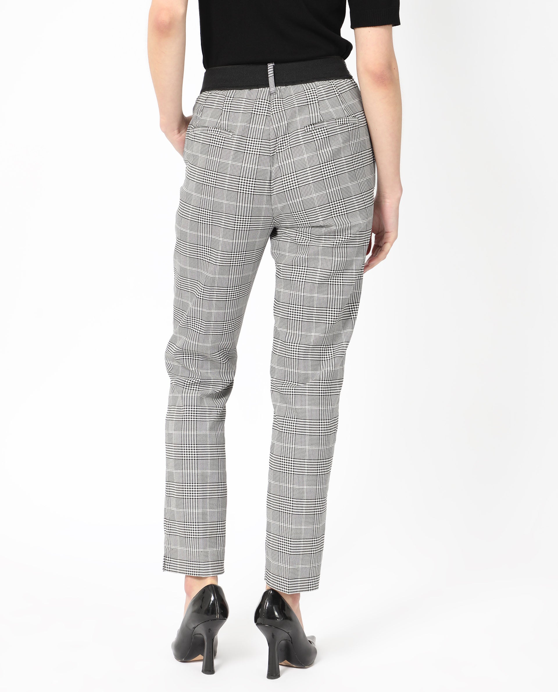 Rareism Women's Tucila Black Polyester Checked Ankle Length Tailored Trouser